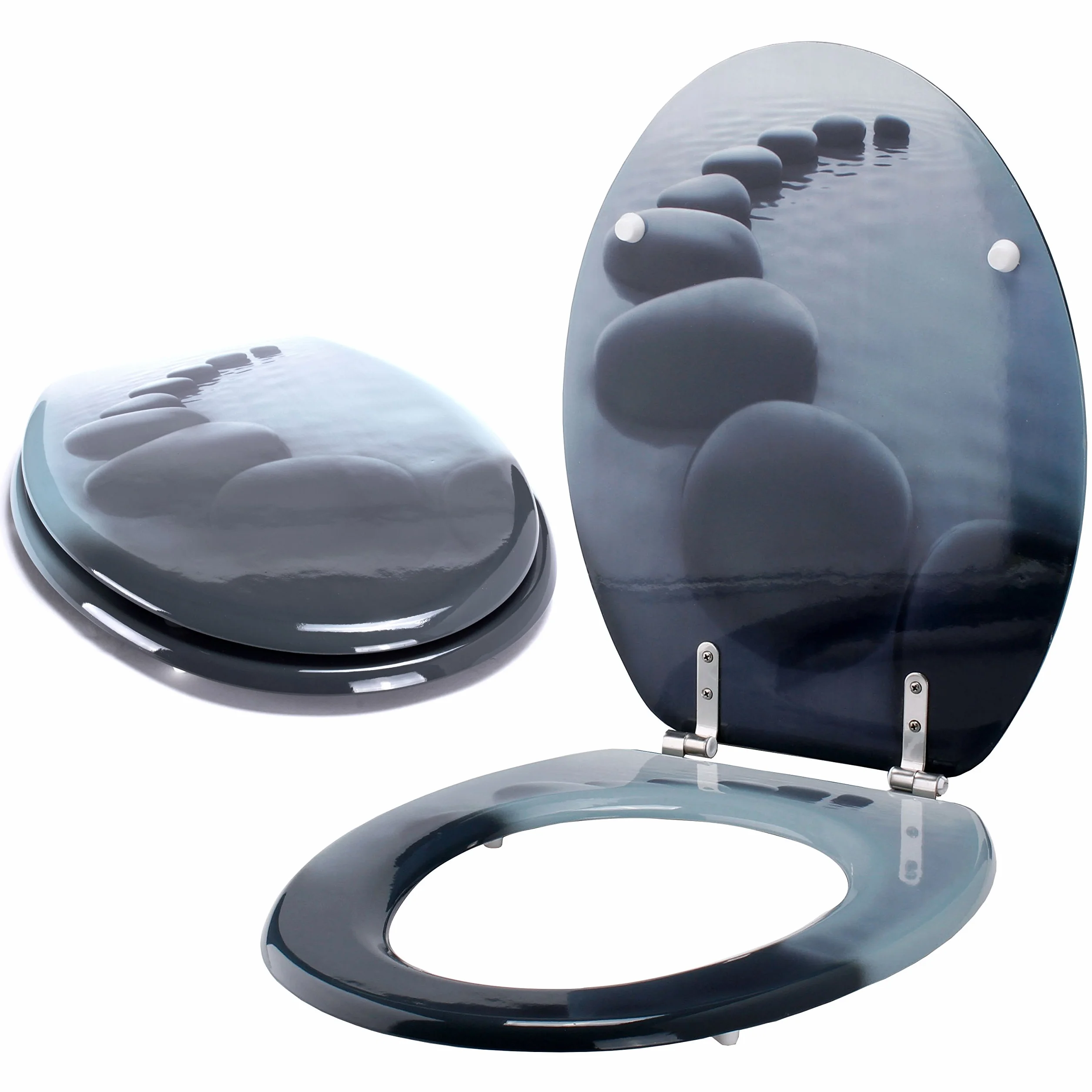 MSV 140548 - Asiento de Inodoro (DM y Acero Inoxidable, 42,5 x 36,5 x 1,6 cm), diseño de Camino de Piedras