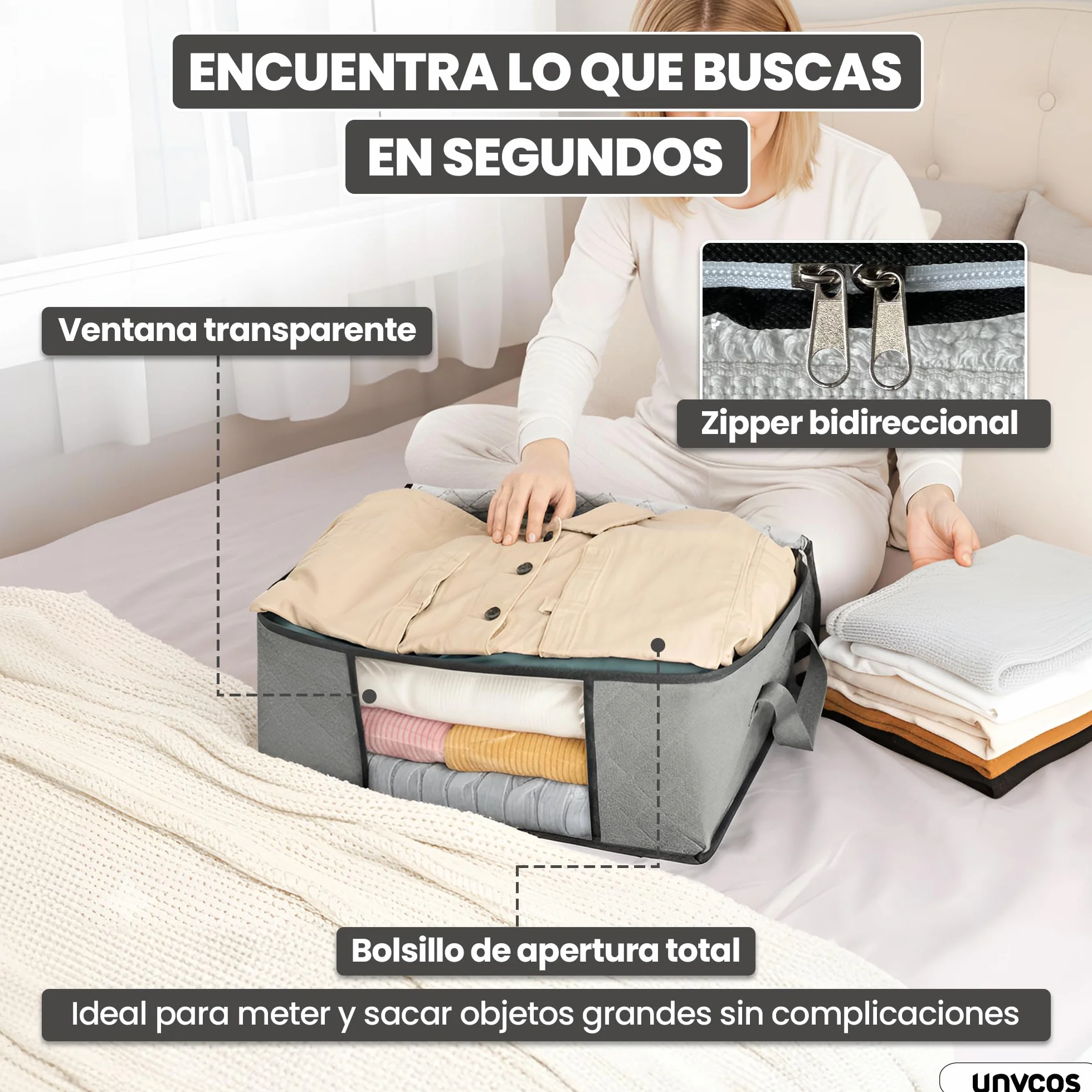 unycos Cajas Almacenaje Ropa 35L Bolsas Plegables Ventana Transparente Doble Cremallera Asas Reforzadas Organizador Toallas Edredones Juguetes 10 kg Grey Black