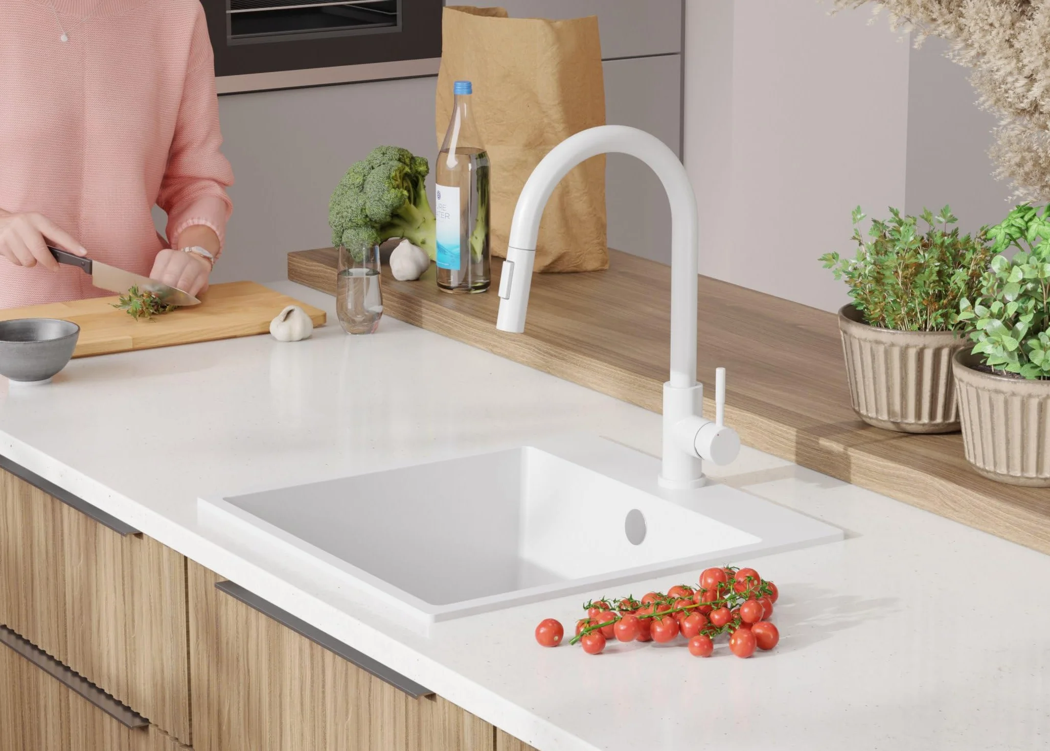 PRIMAGRAN Fregadero Granito Blanco 48x50cm, Cocina 1 Seno + Grifo 32x20cm + Sifón, Sobre Encimera al Mueble 50cm - Riga S227