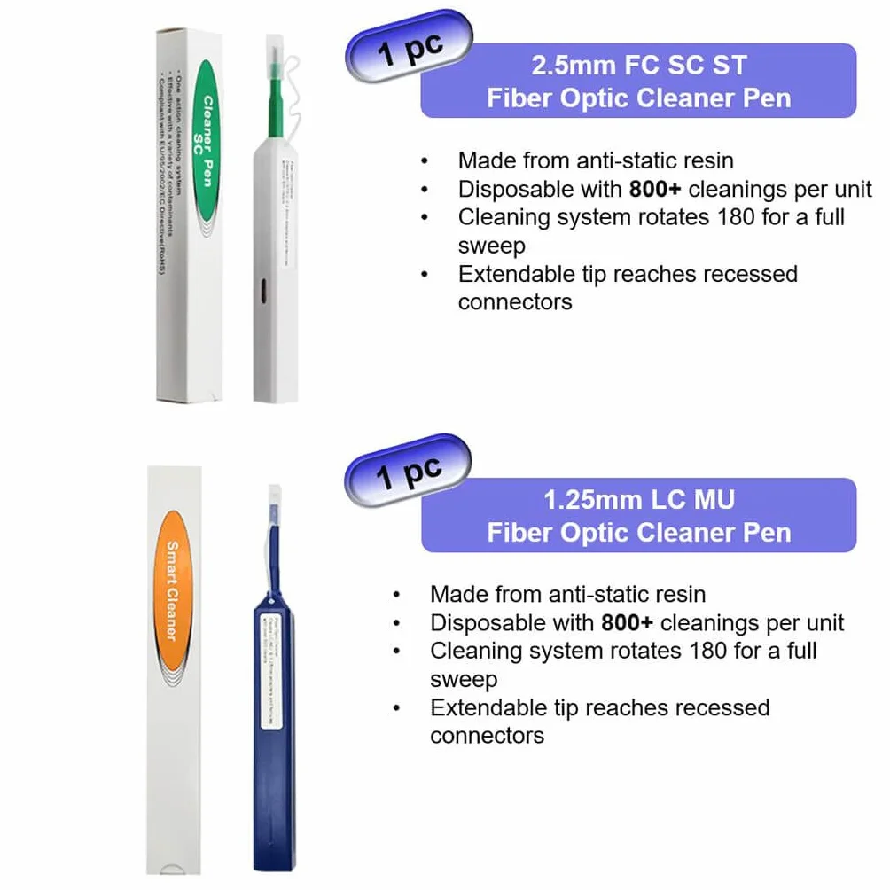 Fiber Optic Cleaners Kit de limpieza de fibra óptica 1.25mm/2.5mm One Click Cleaner Pens limpiador para fibra óptica Herramientas con Cleaning Casete Sticks Wipes para conectores FC SC ST LC MU