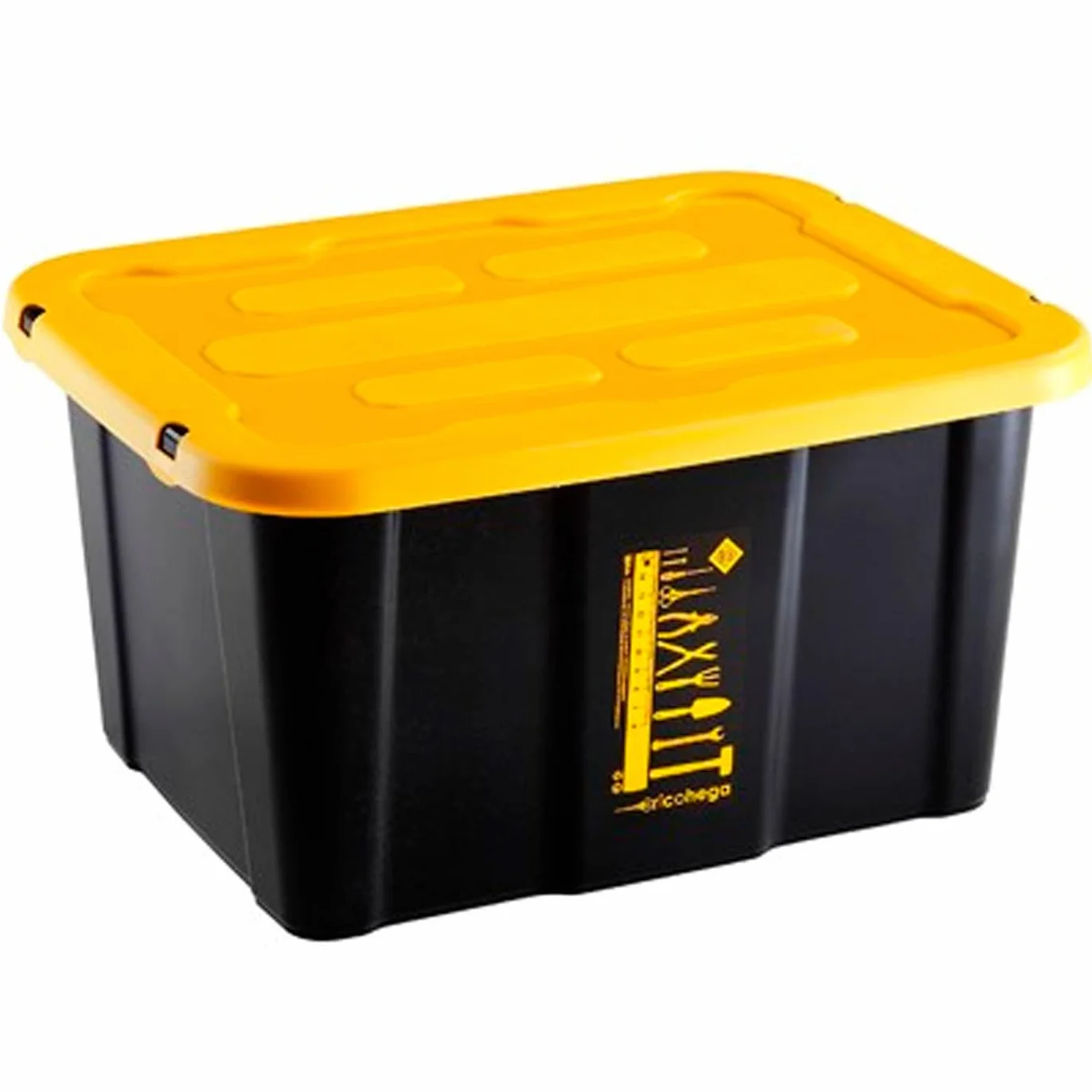 ACAN Tradineur - Caja de almacenaje apilable con tapa, plástico, cajón multiusos, ordenación, herramientas, hogar, fabricada en España (Amarillo y negro - 30 litros - 48 x 38 x 25,5 cm)