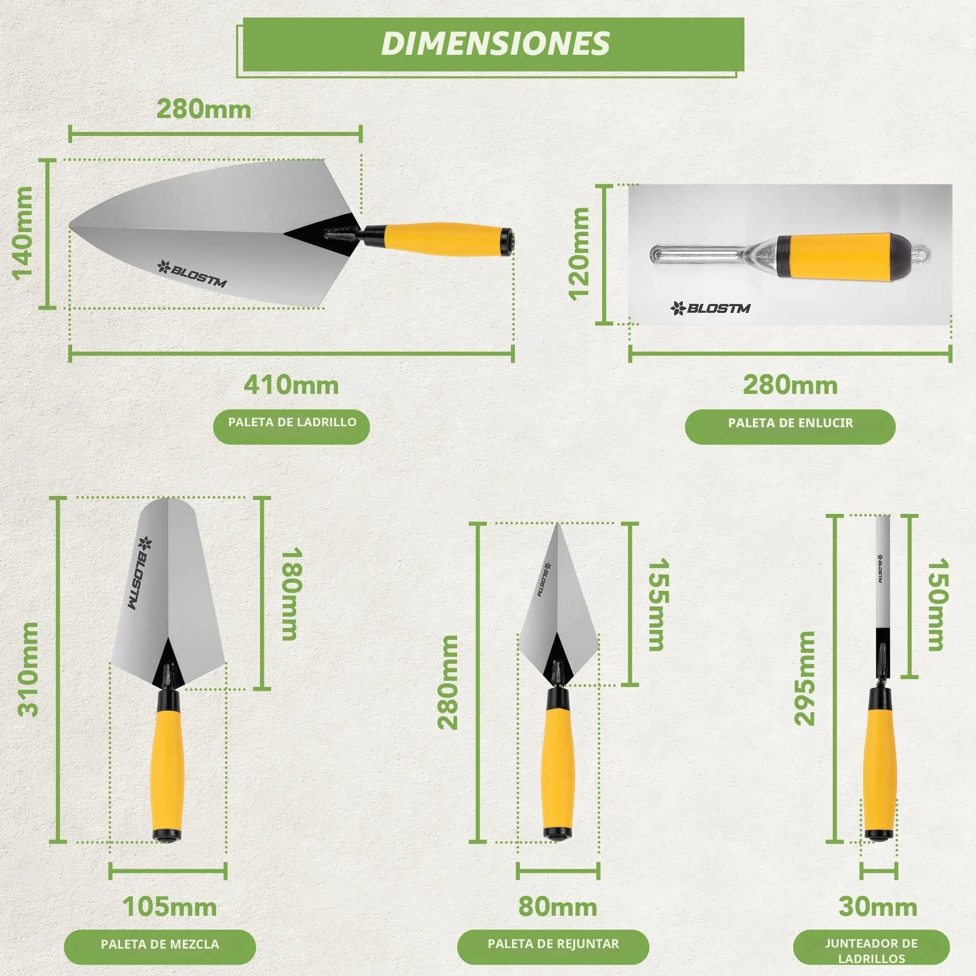 BLOSTM Juego de 5 Paleta Albañil - Pastera Albañil, Paleta de Señalar, de Medición, de Ladrillo, de Yeso - Acero al Carbono Duradero - Asas de Agarre Suave (5 Piezas)