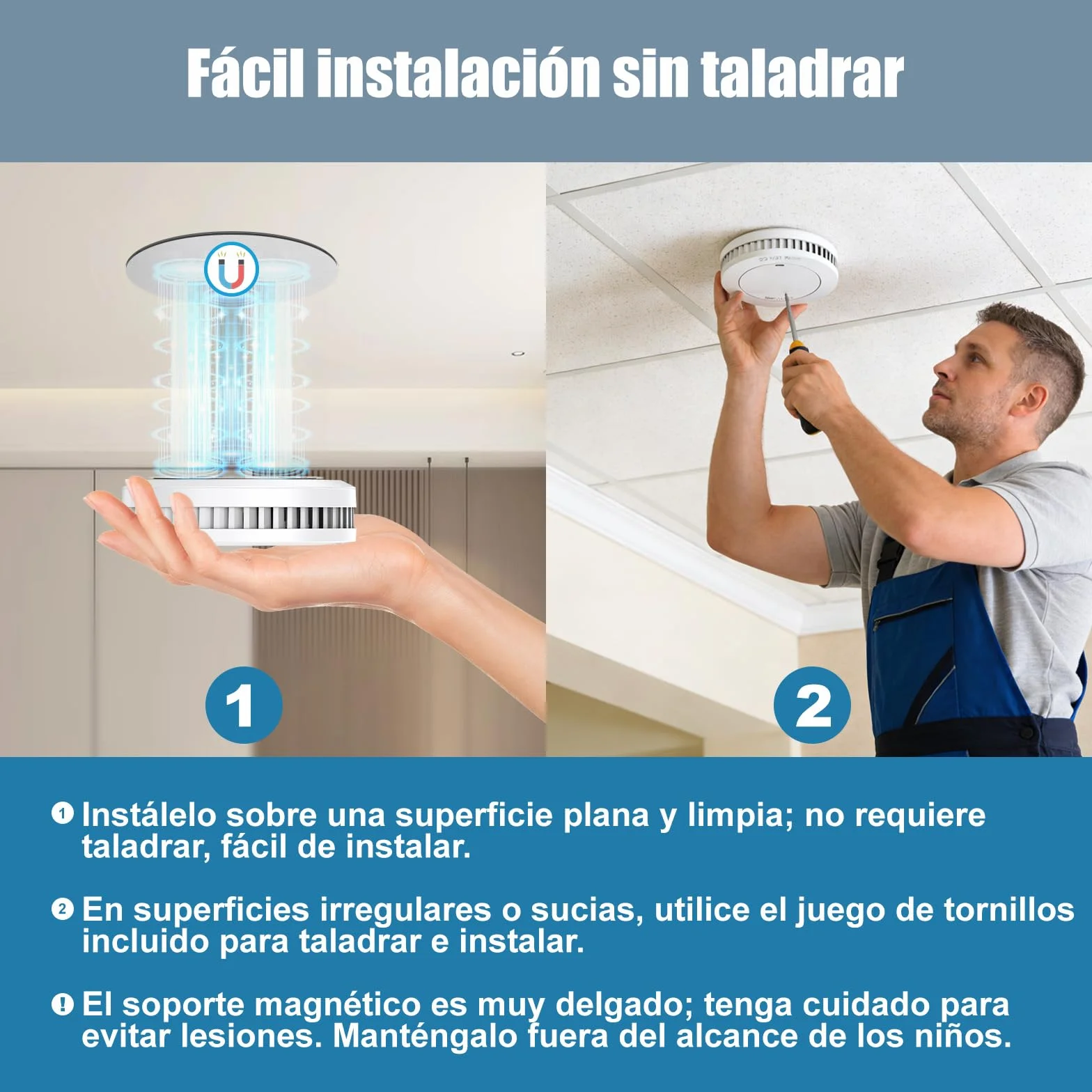 Detector de Humo de 10 años con Soporte magnético, Detector de Incendios sin LED Parpadeante, Alarma Audible de 85 dB, función de Silencio, pequeña Alarma de Incendio Blanco, EN14604