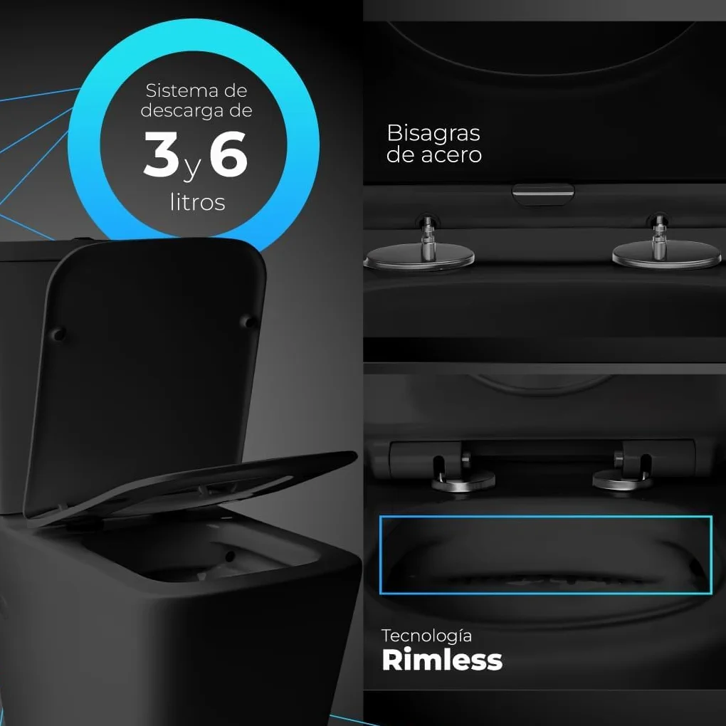 Inodoro Completo - WC Con Sistema Rimless Antibacterias - Vater Baño Con Tapa Dura Extrafina Amortiguada - Salida Dual - Para Hogar Color Negro