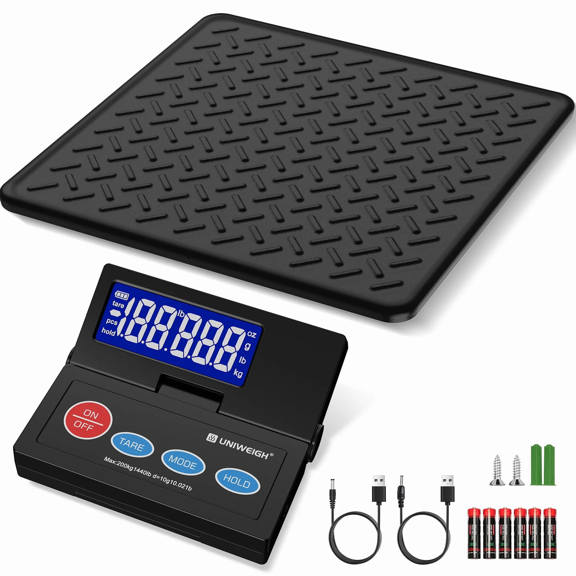 UNIWEIGH Báscula digital para paquetes 10 g precisión pantalla LCD retroiluminada plataforma acero aleado USB/batería tara Hold Auto-Off