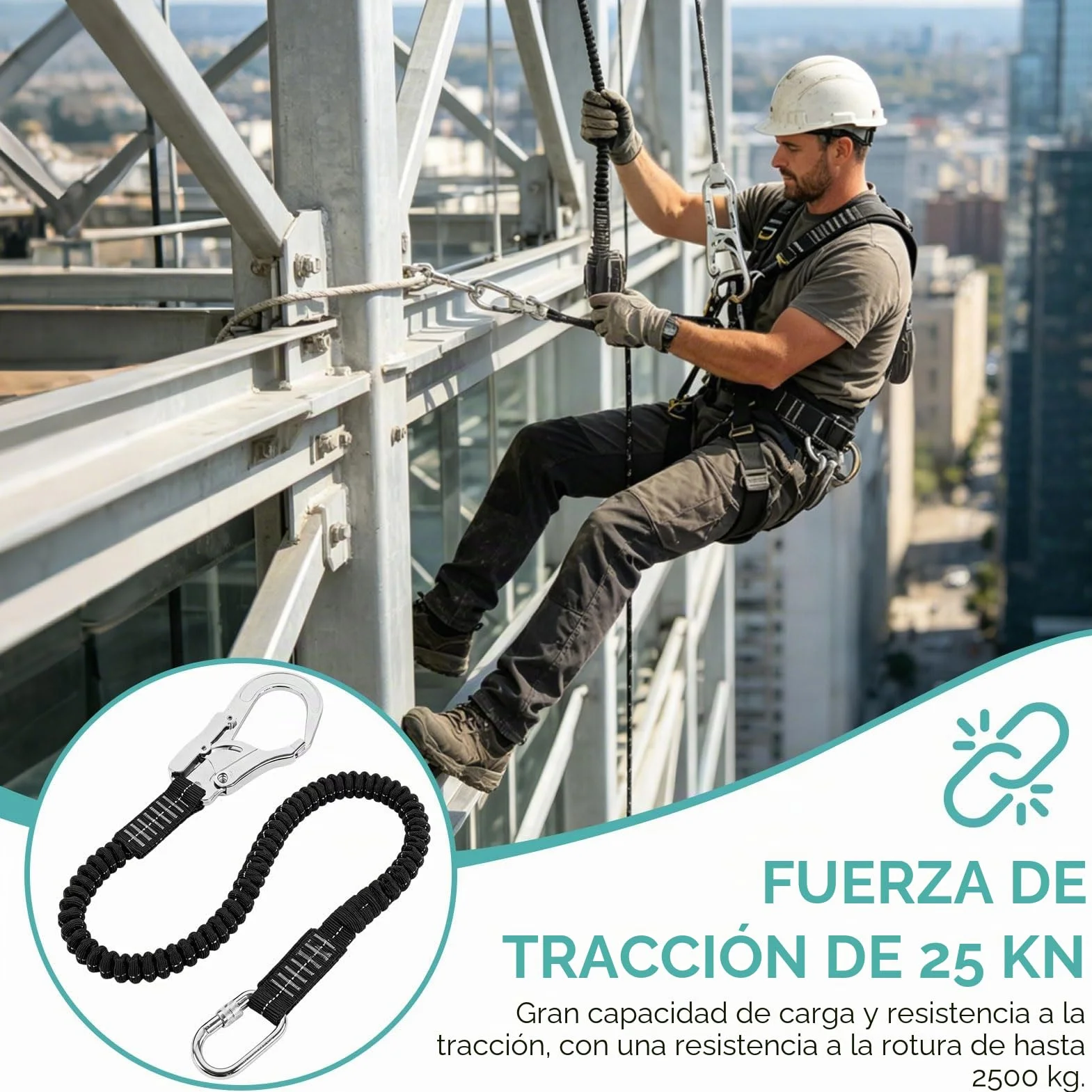 Cordón de seguridad con gancho a presión de 25 KN, correa de seguridad resistente, protección contra caídas, absorción de golpes, elástica, retráctil, arnés de correa de árbol de escalada
