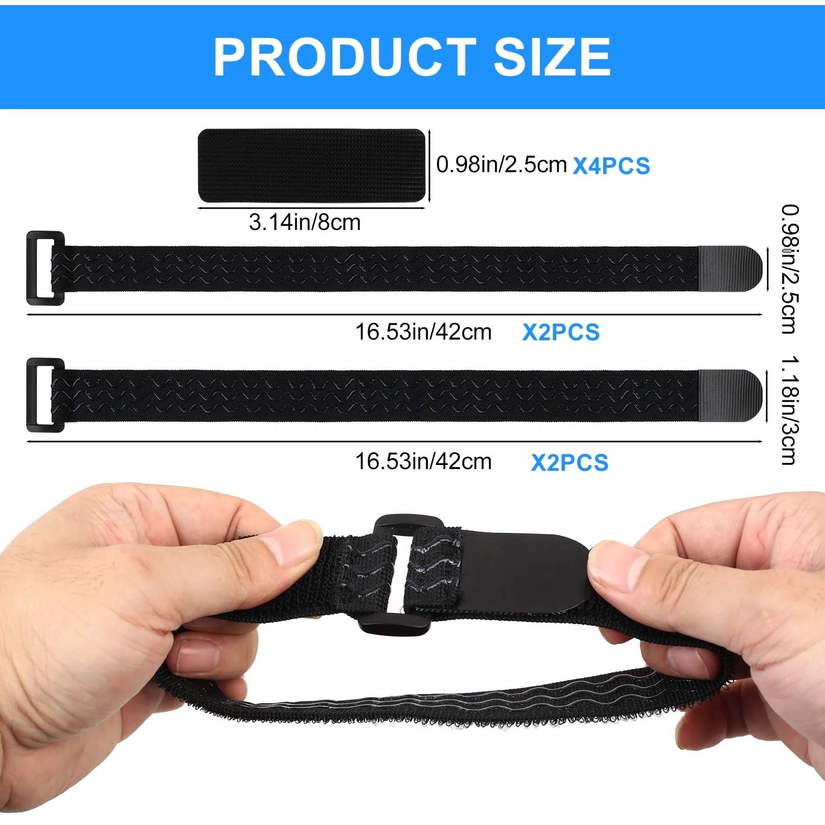 Cintas Elásticas, 4 Pcs Correas Elásticas con Cierres de Gancho y Bucle, Banda Gancho y Bucle Elástica con Hebilla, Antideslizante para Organizando Extensión de Cables y Tubos de Bicicleta, 2 Tamaños
