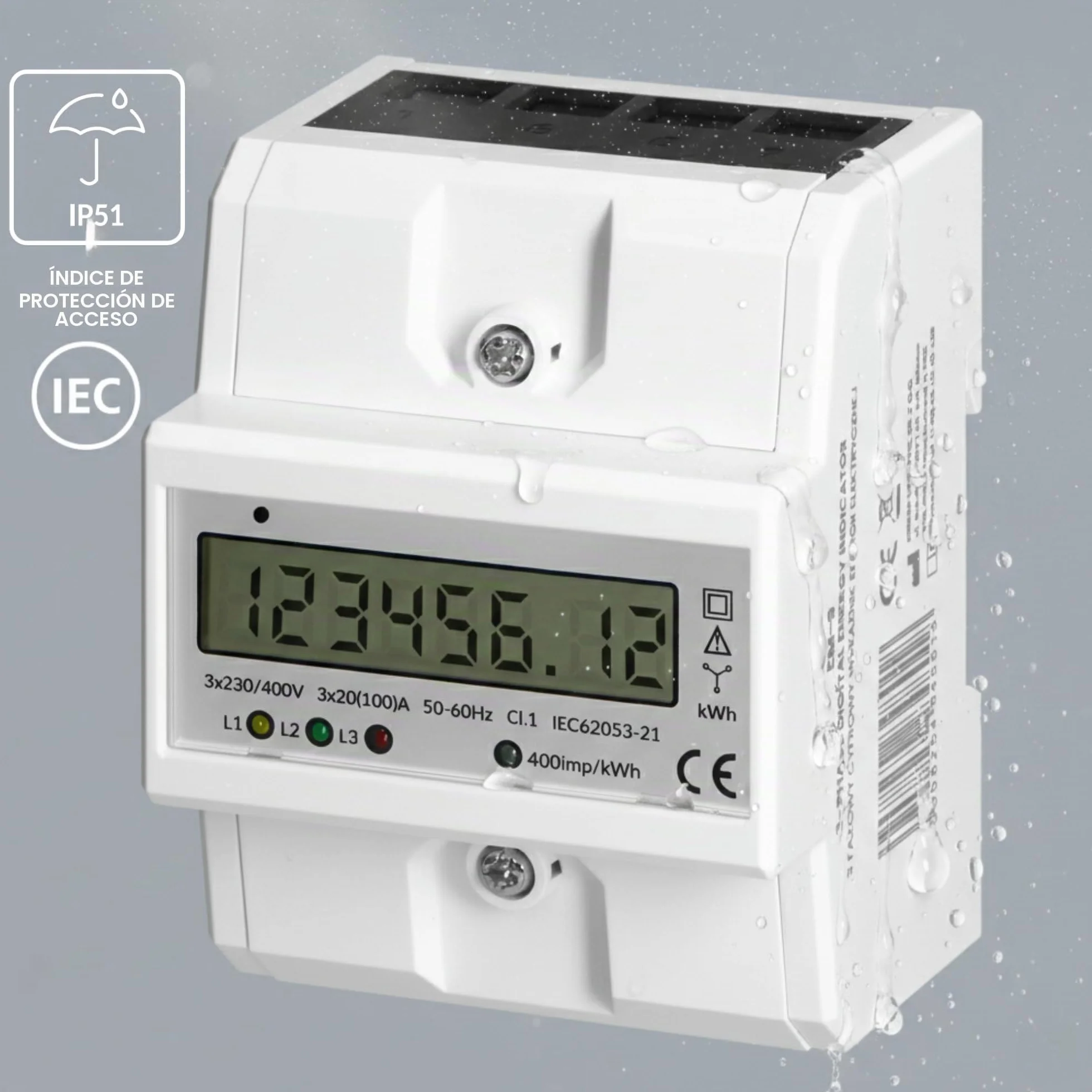 Indicador Medidor de Energia Trifasico 3x230/400 V - 100A Medidor De Consumo Electrico Montaje Carril DIN TH-35mm, Protección IP51