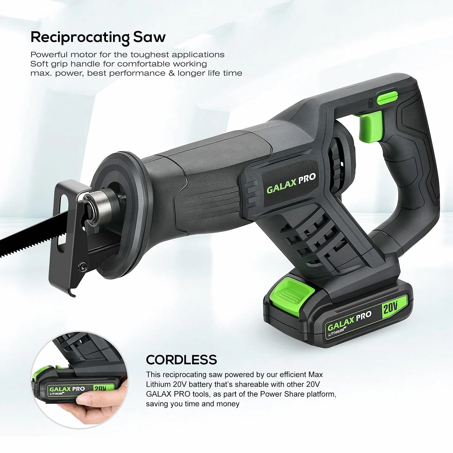 GALAX PRO Sierras alternativas, sierra de pilas,3000 SPM sierra alternativa con batería, profundidad de corte máxima de 150 mm, incluida batería 20 V DC 2.0 Ah, hoja