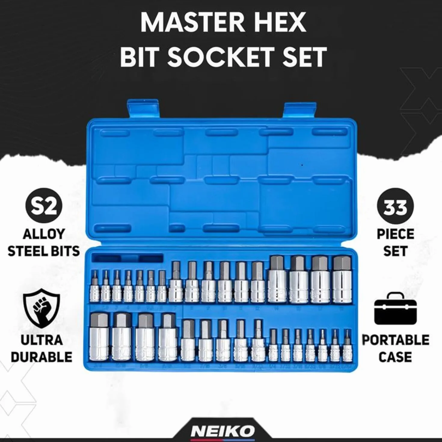 NEIKO 10388A Master Allen Juego de llaves hexagonales de 33 piezas SAE y métrico, juego de llaves hexagonales de cabeza Allen fabricado con acero S2, juego de brocas hexagonales Allen, estándar de