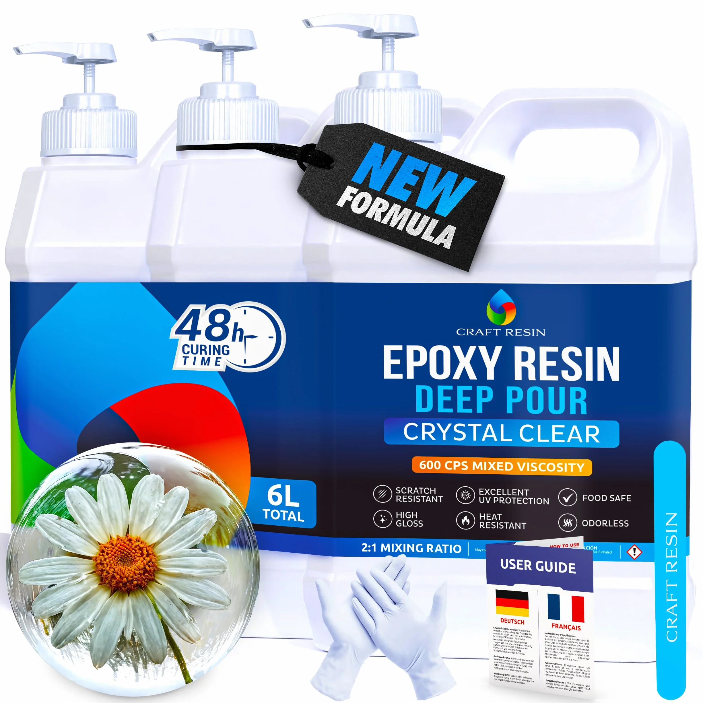 CRAFT RESIN 6L Resina Epoxi de Vertido Profundo – Capa Gruesa de Hasta 8 cm en un Solo Vertido – Resina Epoxi Transparente para Bricolaje, Arte, Mesas Río, Madera, Azulejos, Coladas Huecas y Moldes