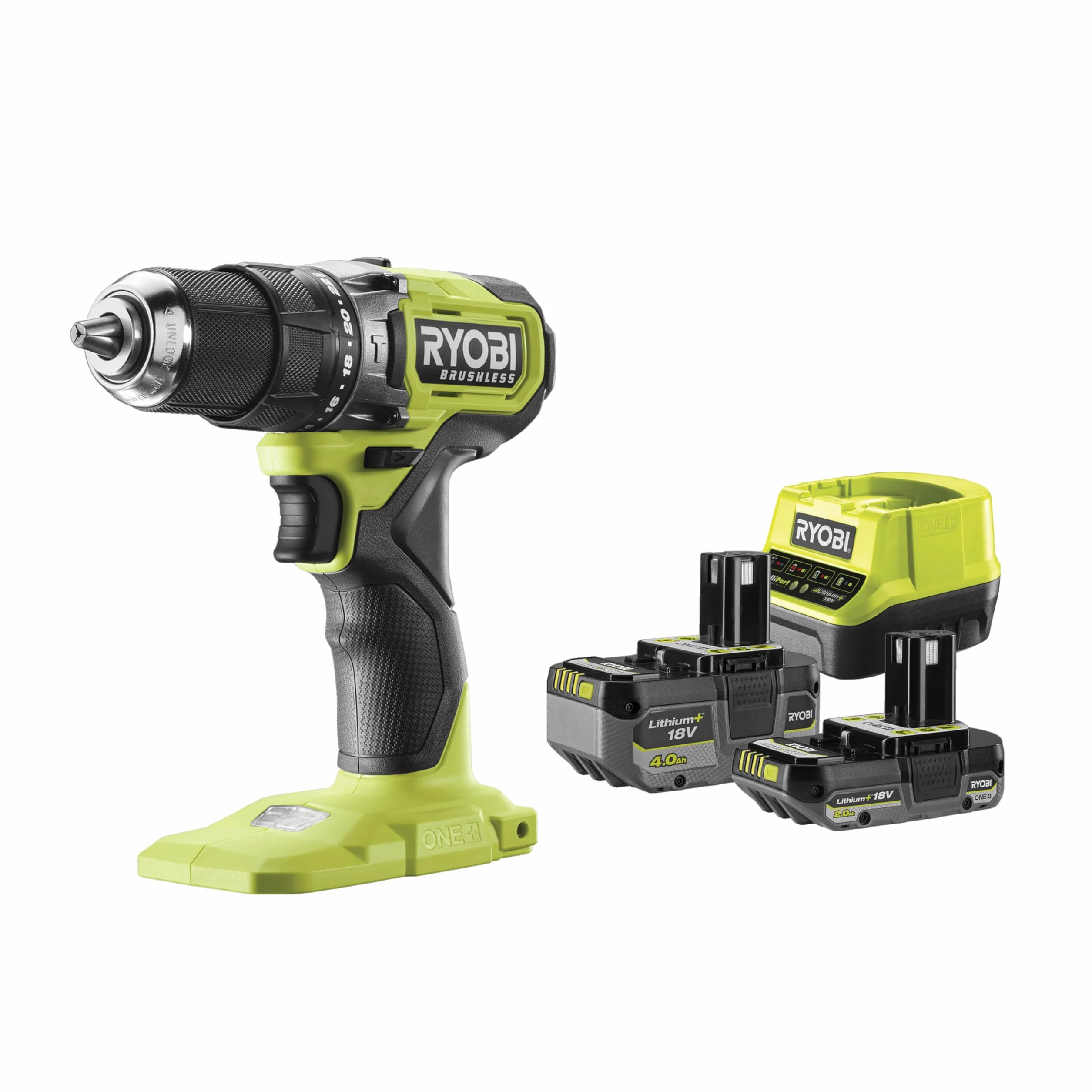 RYOBI ONE+ 18V Taladro percutor sin escobillas – 54 Nm, mandril 13 mm, 2 velocidades (0–450/0–1.700 rpm), 24 posiciones de par – Incluye baterías 2,0 Ah + 4,0 Ah y cargador