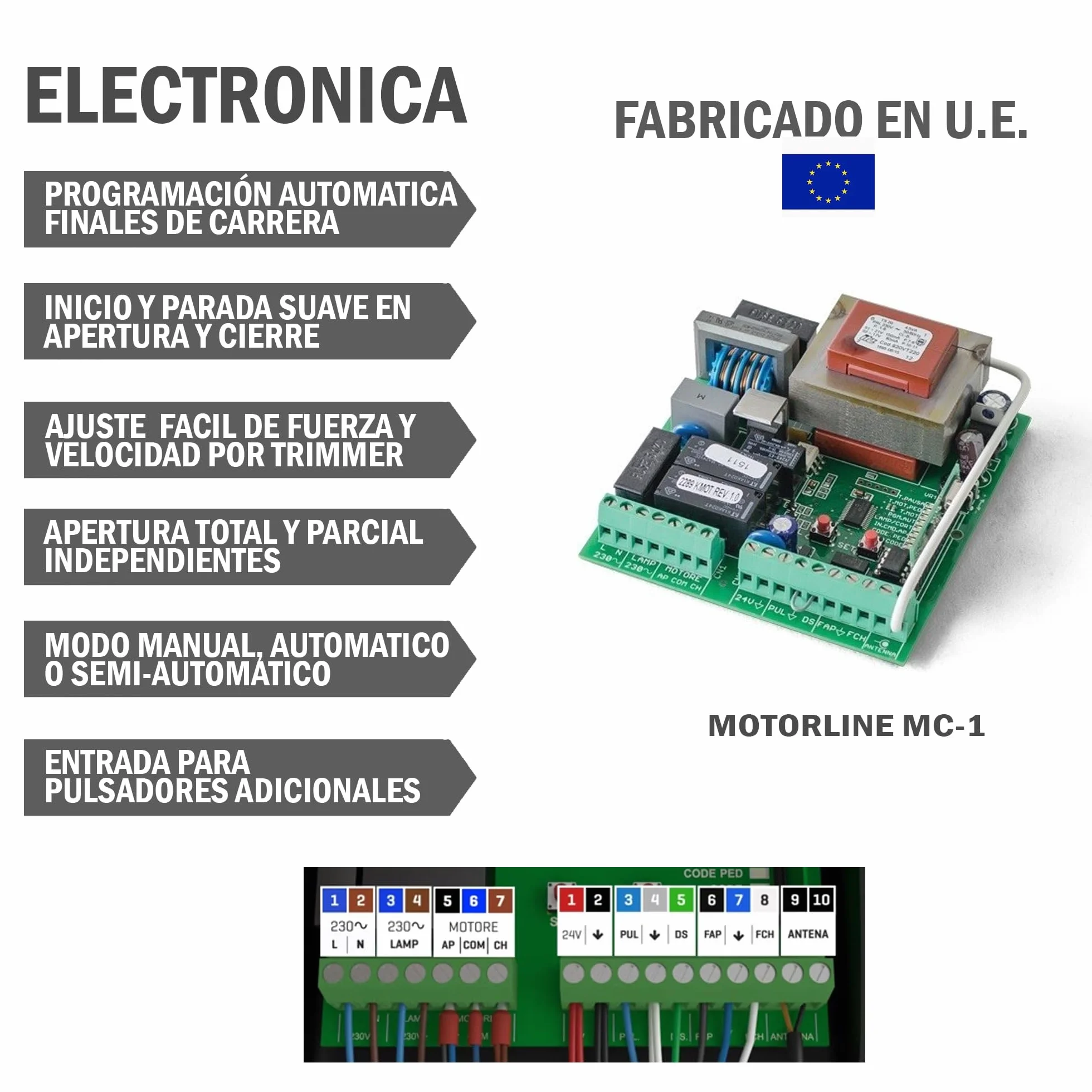 Kit completo Motorline Bravo 500 motor corredera profesional para automatizar puertas y cancelas correderas de hasta 500 kg de peso, con accesorios de calidad profesional y manual en español.