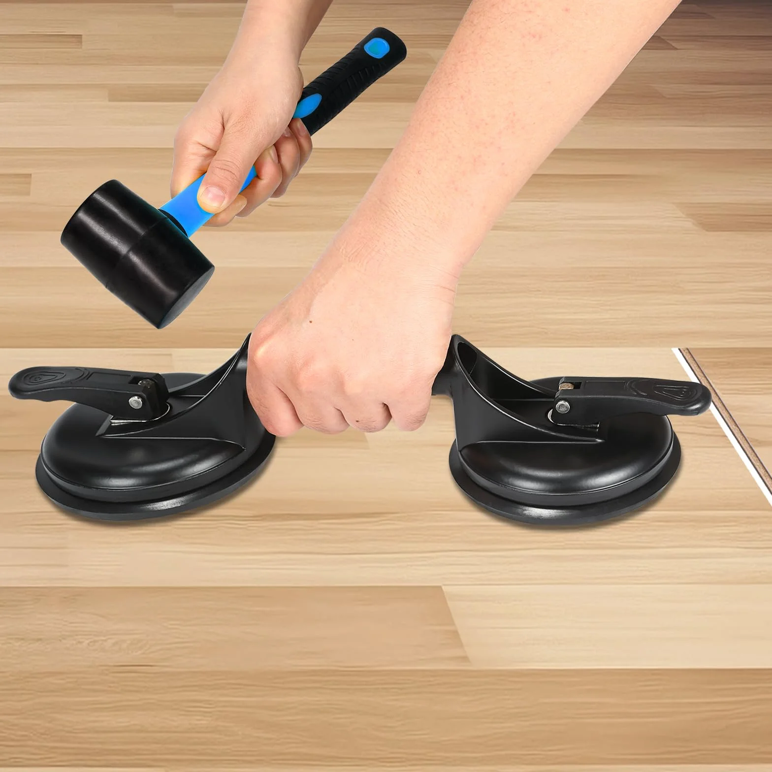 Fijador de huecos de piso para herramienta de reparación de huecos de suelo laminado, incluye ventosa de aluminio resistente y mazo de goma con mango de fibra de vidrio (no se puede utilizar en suelos