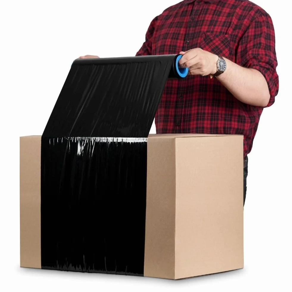 RAGO® Film Negro para Embalar 130m I Rollos de Plastico 0,85kg I Film para Embalar I 7,5 x 7,5 x 40 cm I Papel film I Rollos de Plastico para Embalar I Plastico Embalaje +dispensador