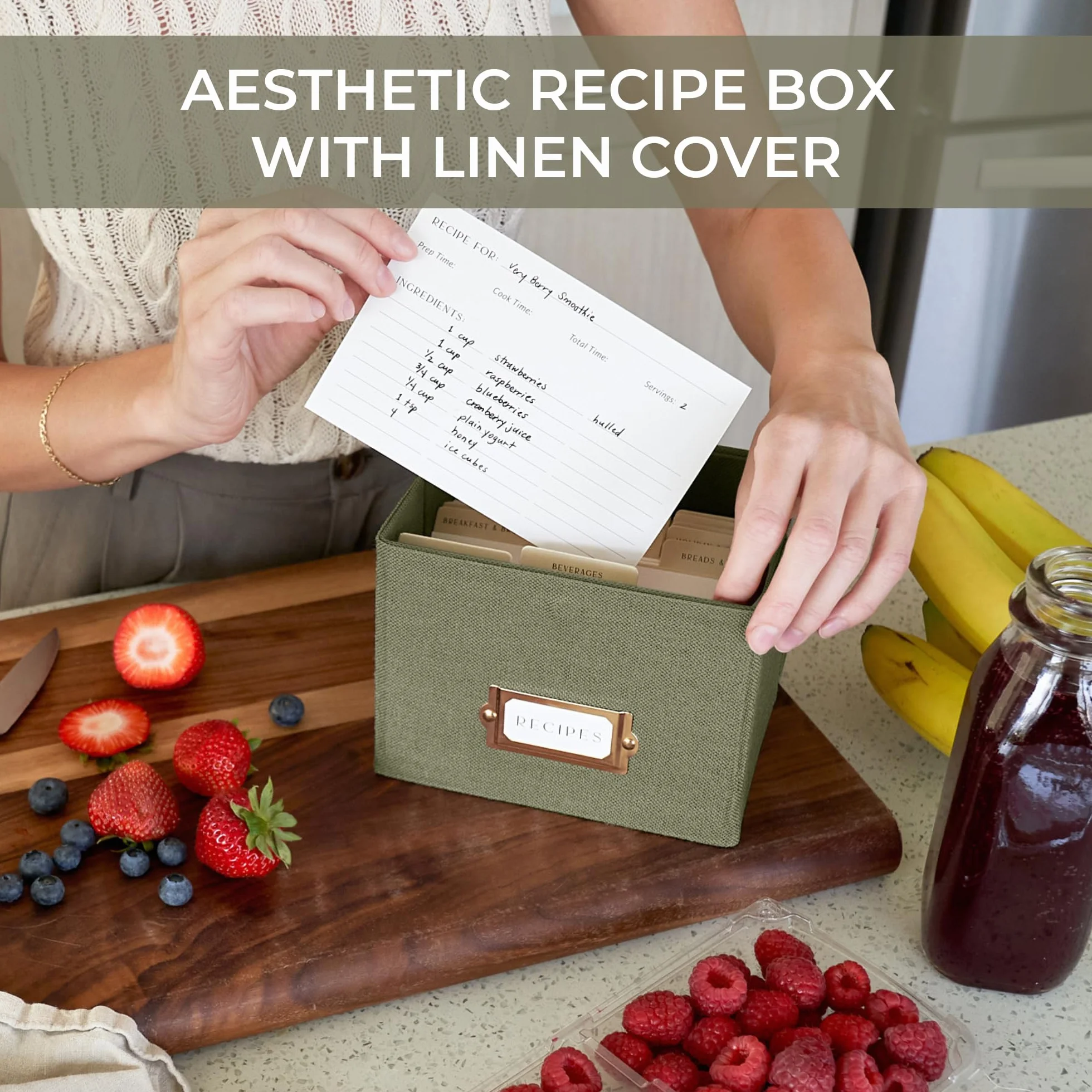 ZICOTO Caja de recetas de lino para tarjetas 4x6 pulgadas, organiza hasta 250 recetas