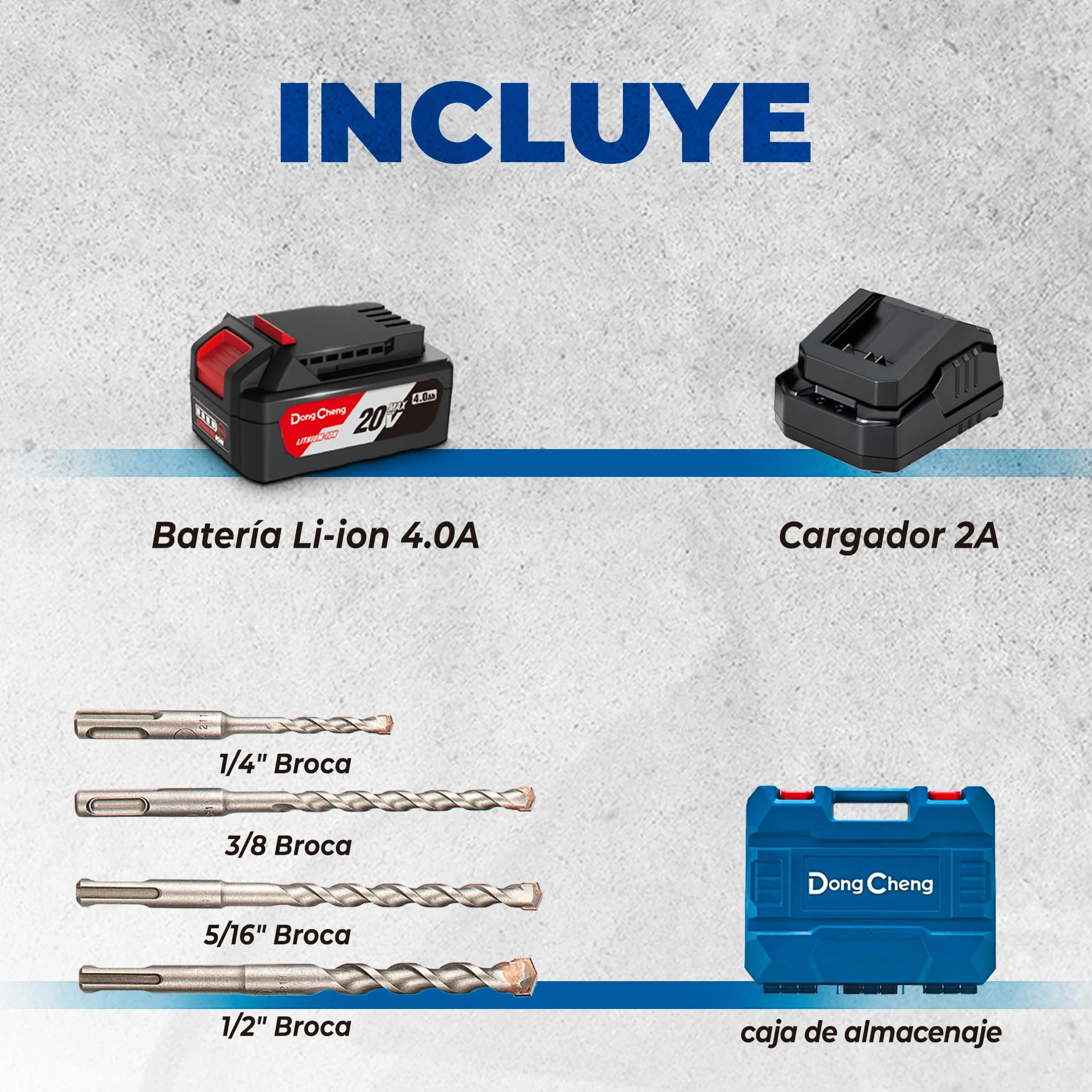 DongCheng Martillo perforador sin cable 18V, energía de impacto 2,1 J, 4 piezas SDS-plus, perforación hasta 28 mm, motor de percusión sin escobillas empuñadura antivibración baterías 4Ah y cargador 2A