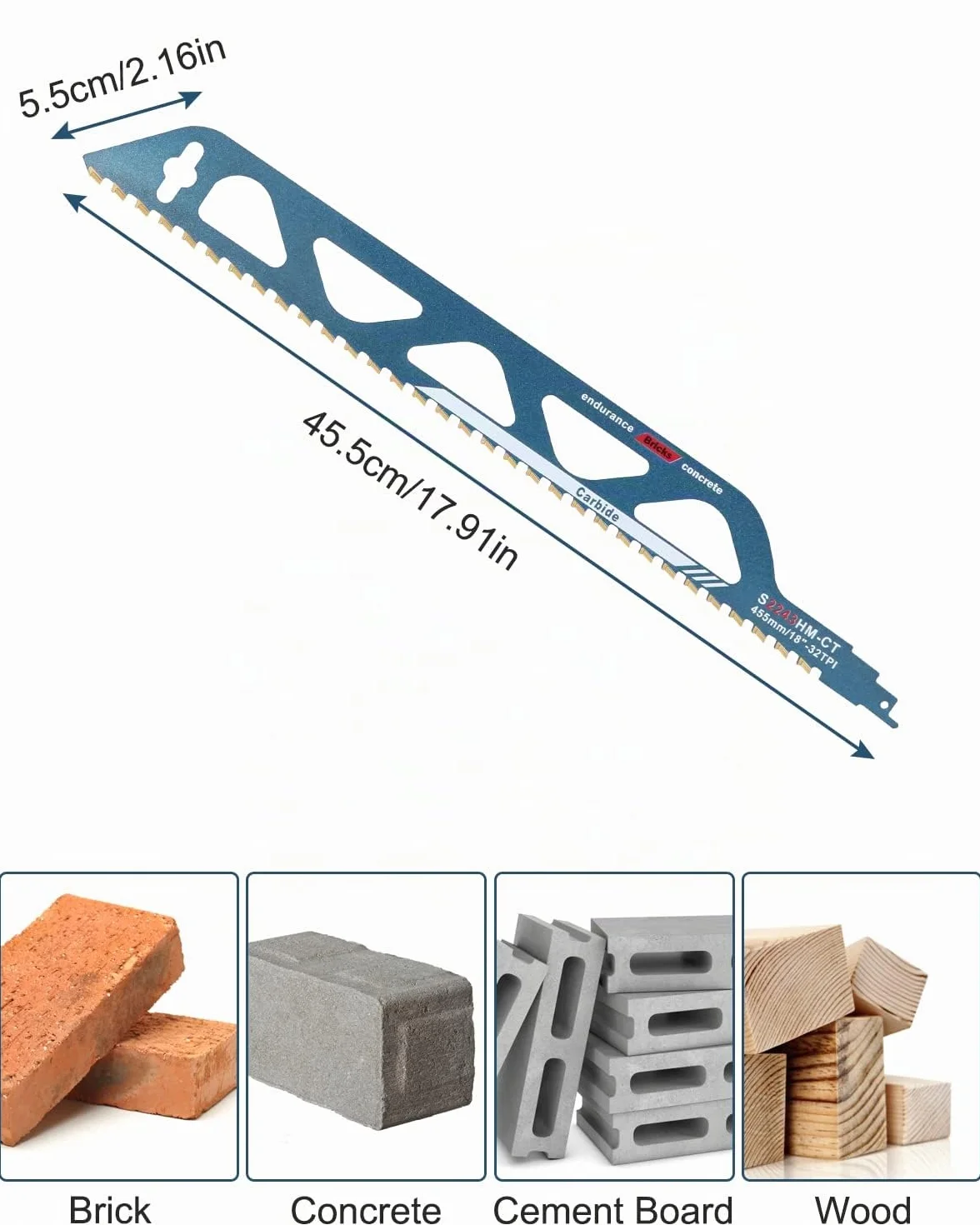 Hojas de Sierra Sable, 455mm Sierra de Sable, Accesorios Sierra Sable para Metal, Hormigón Poroso,Ladrillo, Placa de Cemento (S2243HM)