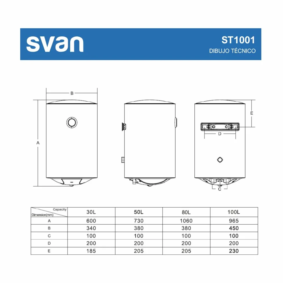 Svan Termo Eléctrico Vertical 100 Litros ST1001. Instalación Vertical, 1500W, Incluye Kit de Montaje, Resistencia de Acero inoxidable, Blanco, Eficiencia Energética Clase C