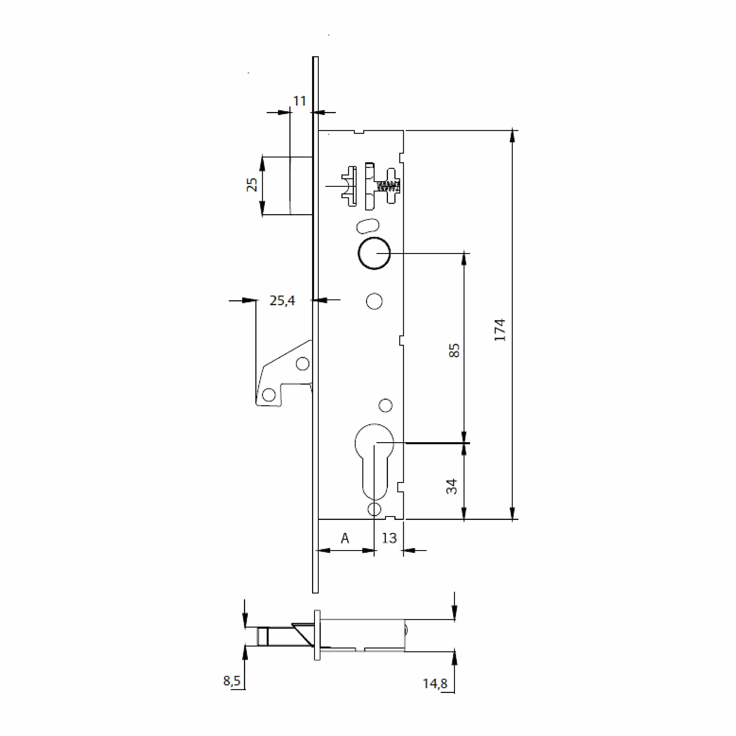 TESA 2240BE253AI Cerradura Monopunto De Caja Estrecha De Palanca Basculante Gancho Reforzado Para Perfiles Metálicos Inoxidable Entrada 25 mm 2240BE