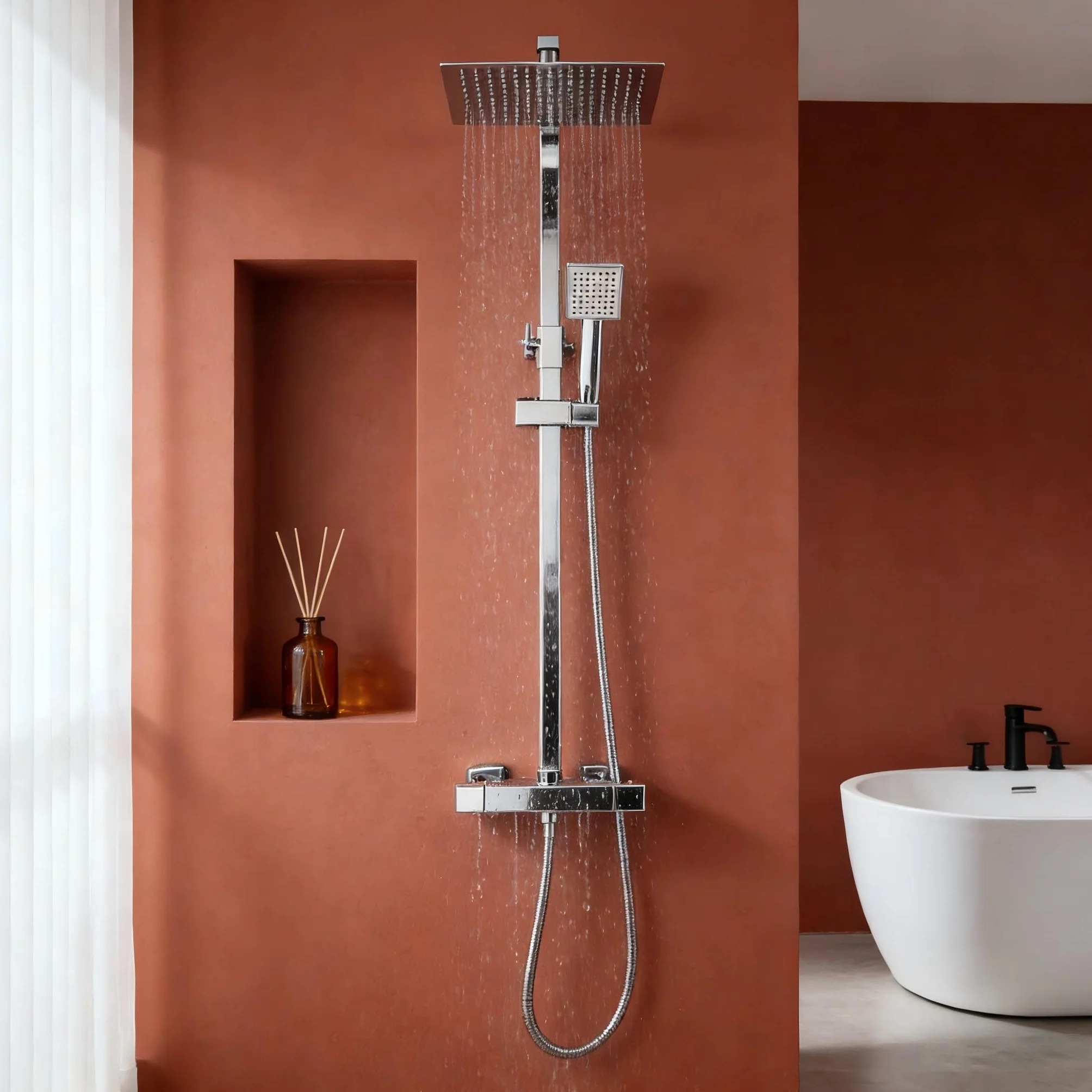 Columna de Ducha Termostática STANEW, Conjunto de Ducha, Cuarto de Baño, Columna de Ducha, Termostato con Mezclador Ajustable en Altura, Sistema de Ducha (Plata)
