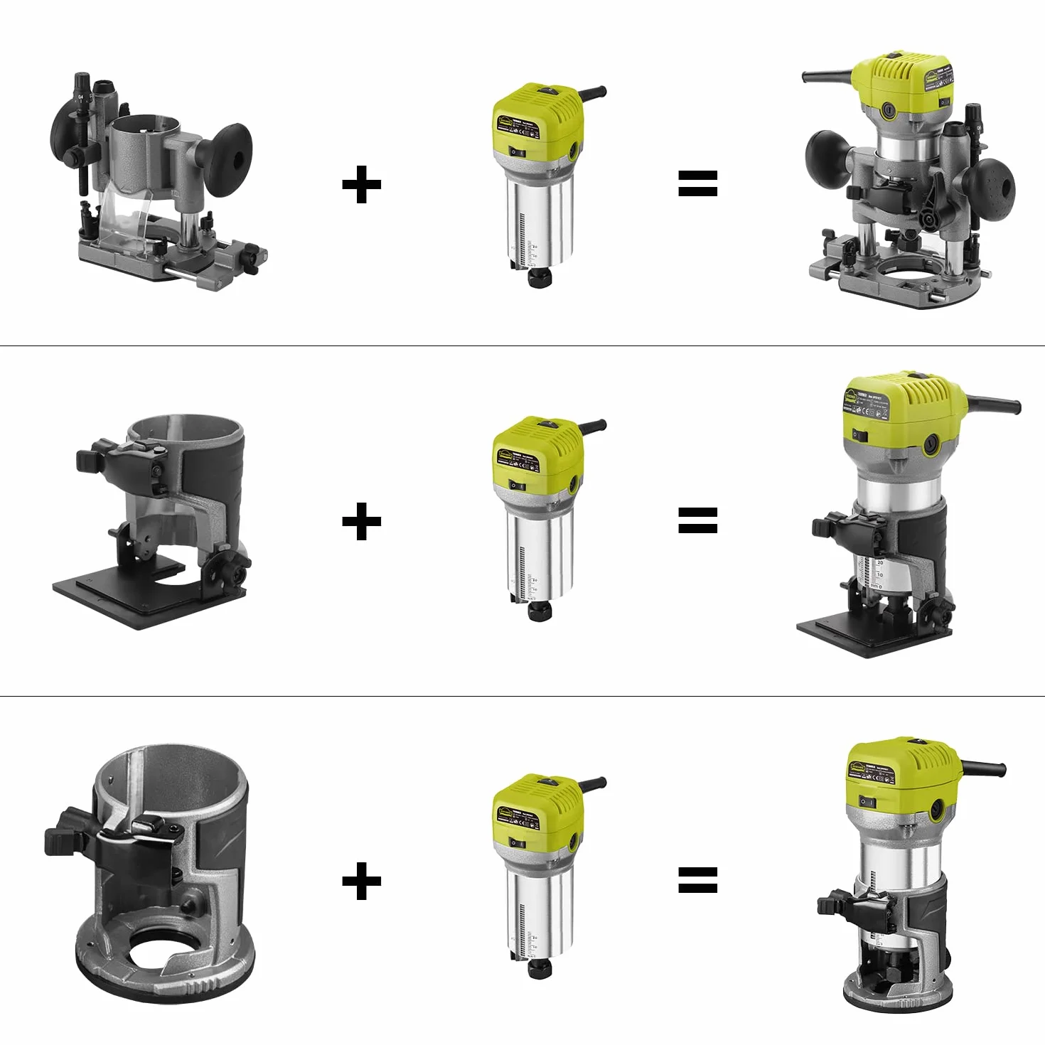 Fresadora de Madera Rebajadora Eléctrica, DEWINNER Desmoladora Eléctrica compacta 220 V, 710 W, 3 Bases Incluidas, 3 Pinzas de 1/4 Pulgadas, 6 mm y 8 mm, 5 Fresas de Carburo