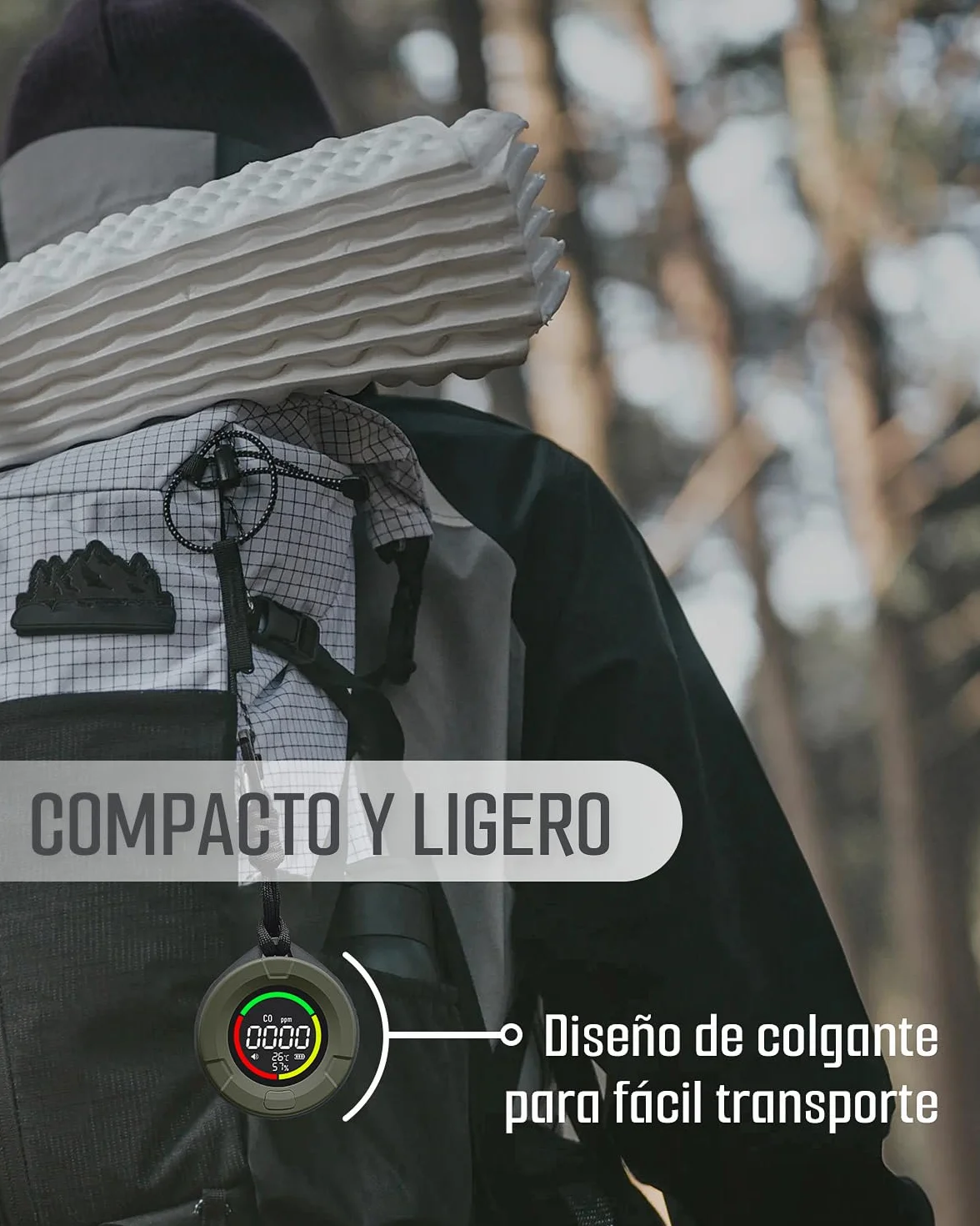 Detector de monóxido de Carbono portátil GasDoc DS-100, Detector de CO 3-en-1 para Viaje & Camping, medidor de CO Recargable con Alerta Audible & Visual, Alarma para hogar & Coche - Bosque Oscuro