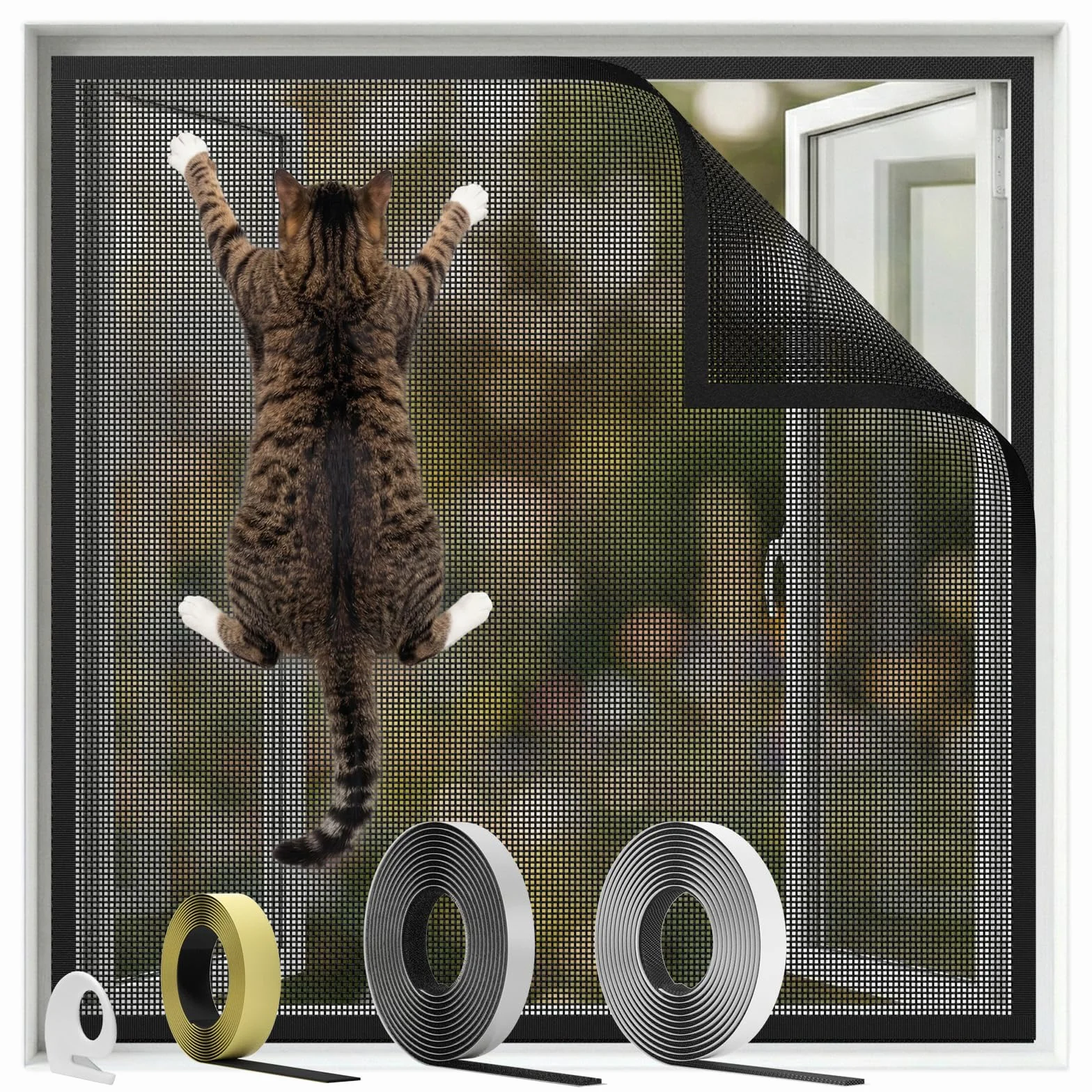 BKSAI Mosquitera Ventana para Gatos, Red Anticaída Adhesiva sin Taladrar, Malla Recortable Resistente a Arañazos, Protección Mascotas para Ventana - 130x150CM Negra