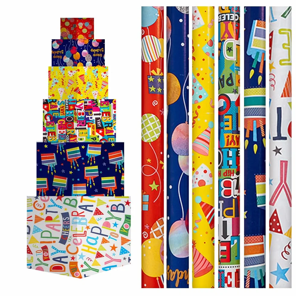 Papel de Regalo Cumpleaños 70x200cm 6 Rollos HANSEL HOME Diseños Coloridos
