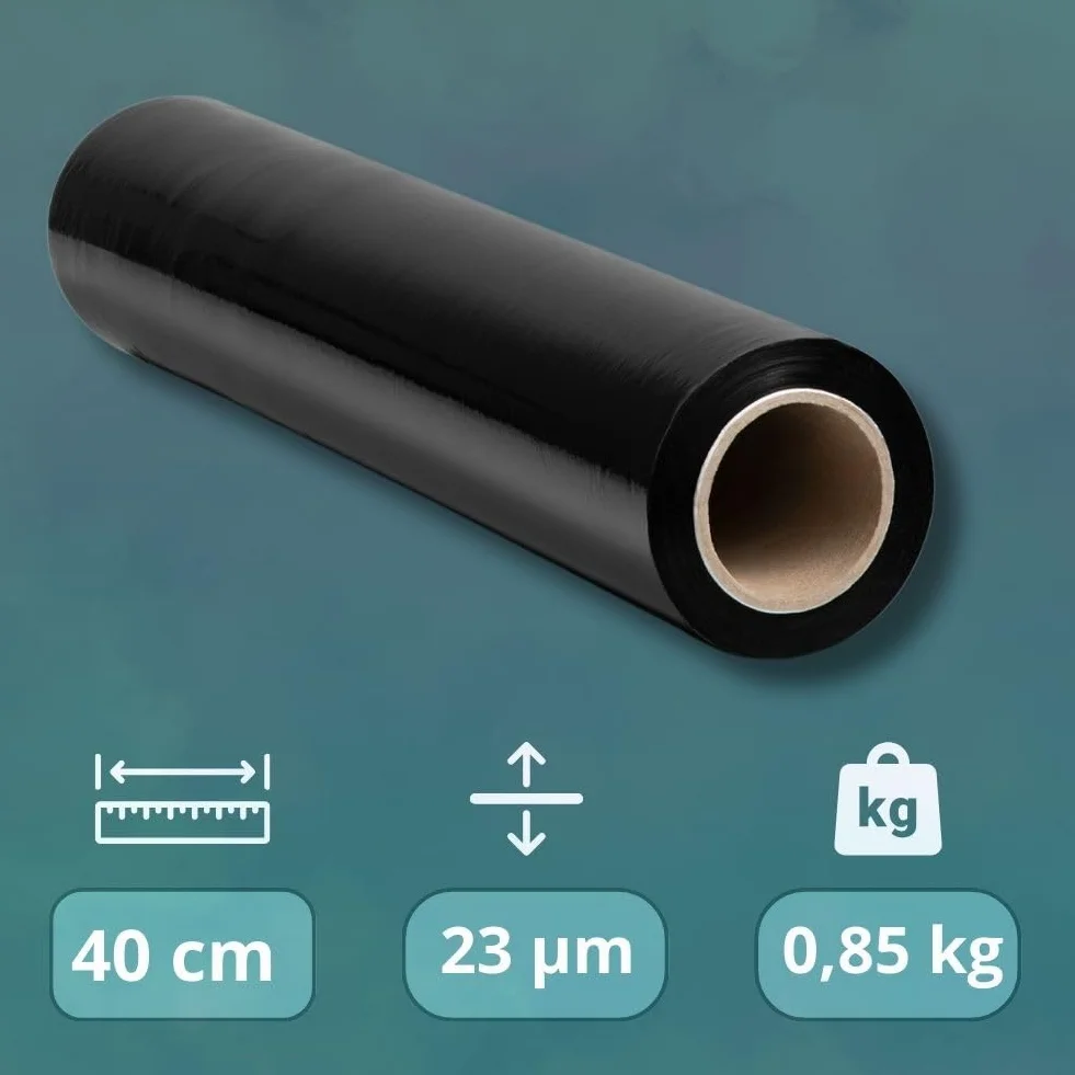 RAGO® Film Negro para Embalar 130m I Rollos de Plastico 0,85kg I Film para Embalar I 7,5 x 7,5 x 40 cm I Papel film I Rollos de Plastico para Embalar I Plastico Embalaje +dispensador