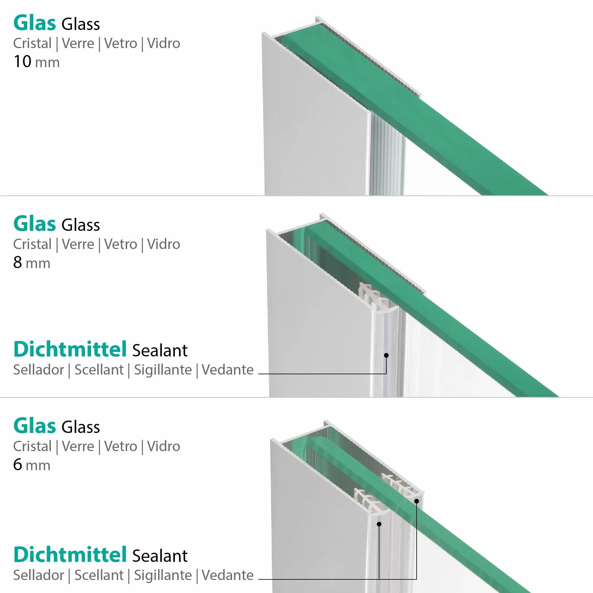 Perfil de Pared de Aluminio en U 200 cm para Mamparas de Ducha com Vidrio de 8 mm, 1 goma reductora incluida