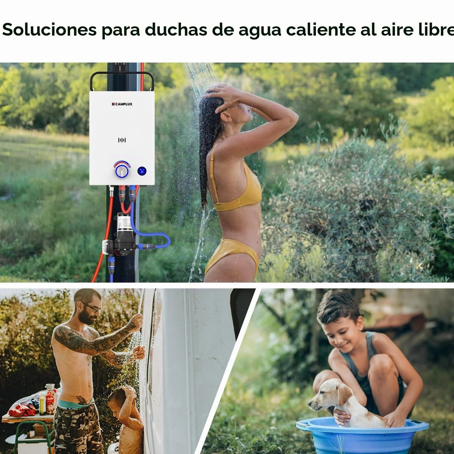 CAMPLUX First 10 L/M Calentador de Agua a Gas con Bomba de Agua & Mango, GPL (50mbar), para Ducha al Aire Libre/Camping/RVs, F10 Pro-DE
