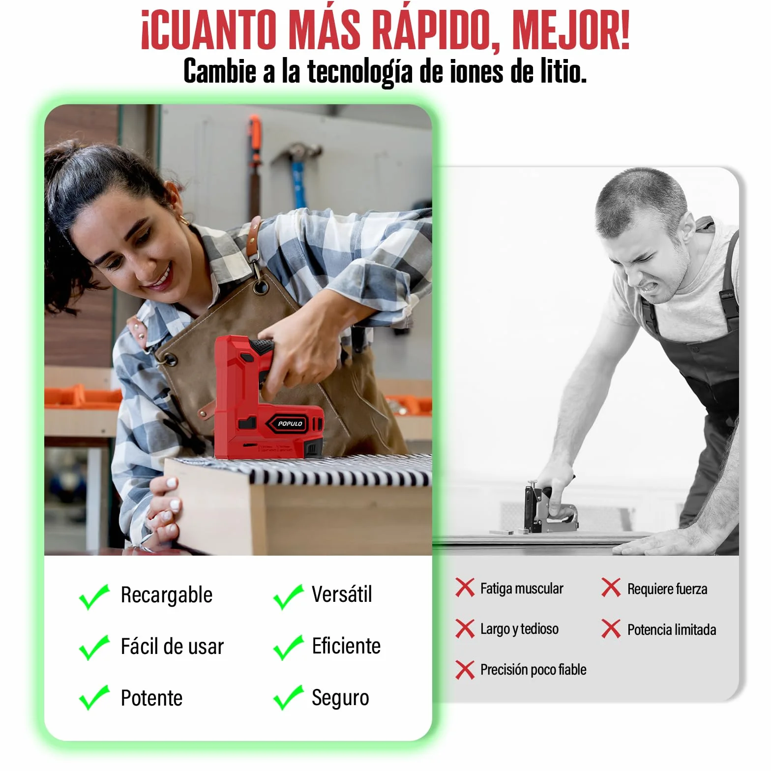 POPULO Pistola grapadora eléctrica, 2 en 1, grapadora eléctrica Tacker 4V, kit de clavadora Brad inalámbrica de 4V, pistola de clavos alimentada por batería para tapicería, carpintería, bricolaje con
