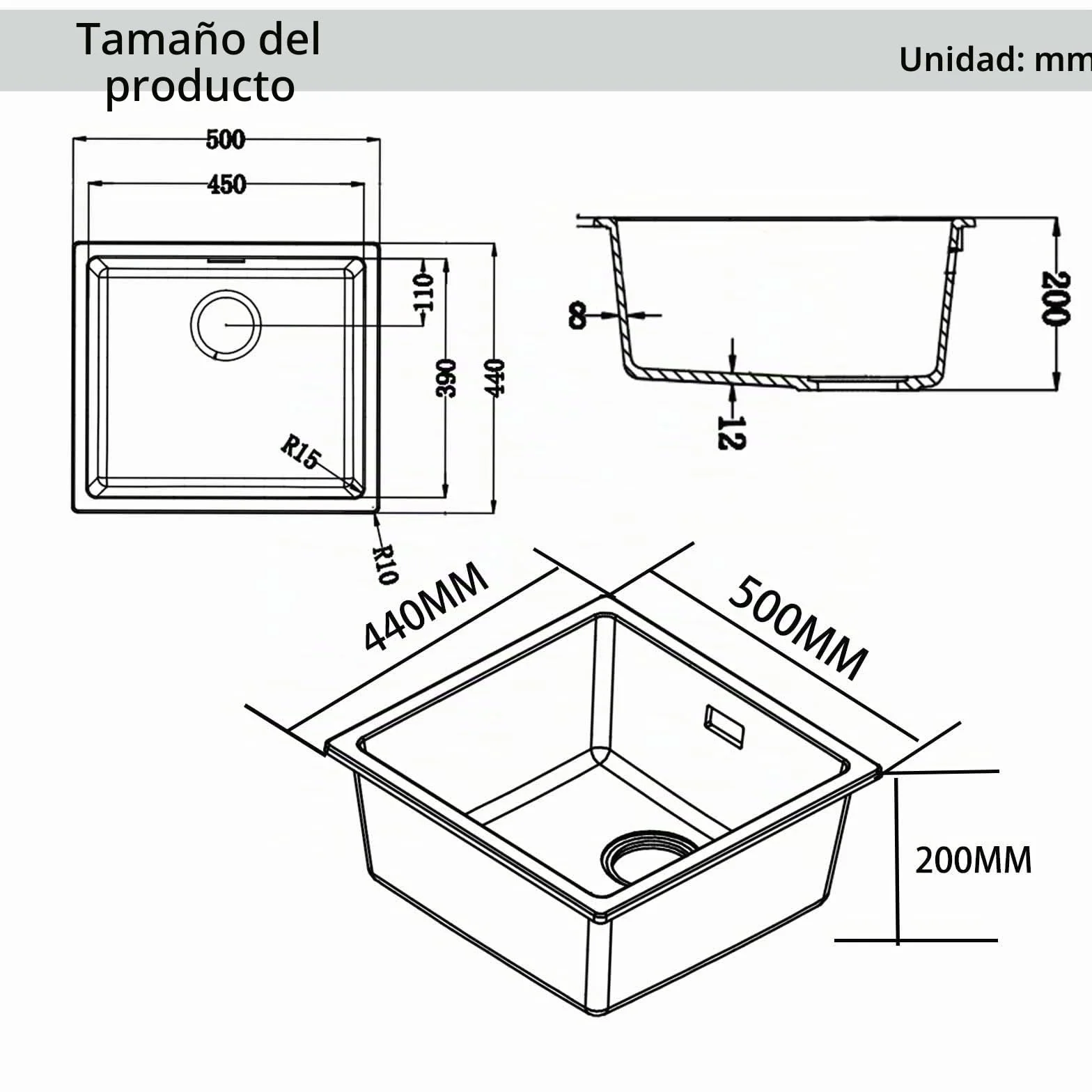 Fregadero Cocina Negro, 50 X 45 cm, Fregadero Bajo Encimera de Granito de Una Cubeta, Para Empotrar O Bajo Encimera, Con Rebosadero Y Desagüe, Apto Para Estaciones de Trabajo Y Barra
