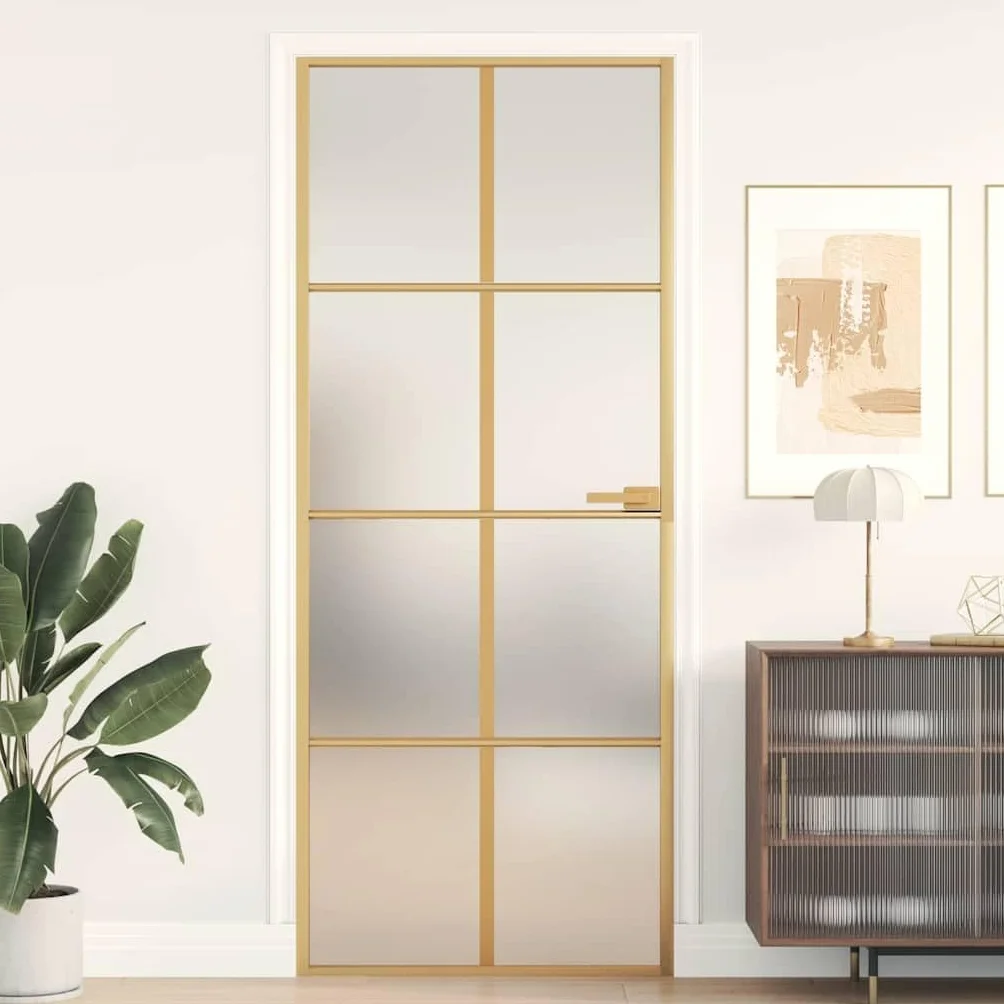 vidaXL Puerta de Interior, Puerta de Panel, Panel de Privacidad, Puerta Decorativa para Dormitorio Baño, Vidrio Templado y Aluminio Dorada