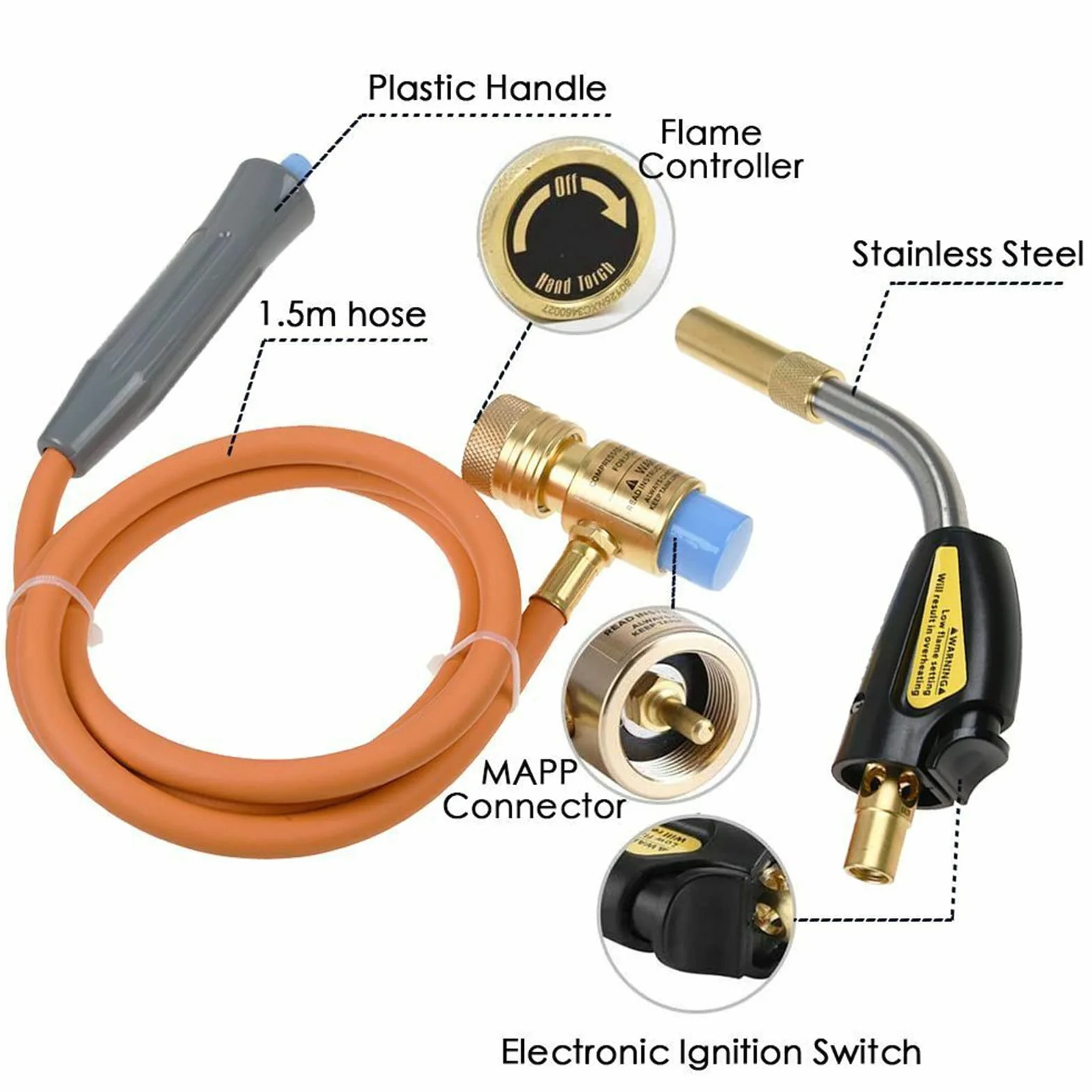 Antorcha de soldadura de autoencendido con kit de manguera para soldadura fuerte, fontanería, refrigeración, reparación de refrigeración, válvula reguladora de llama ultrafina ajustable, espiral de