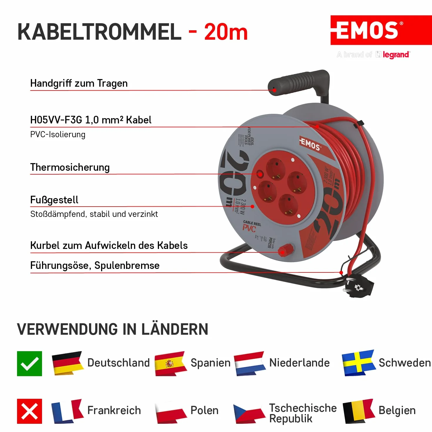 EMOS tambor cable 20 m, 4 Schuko, 230 V 10 A 2300 W, PVC H05VV-F3G 1.0 mm², protección sobrecalentamiento, freno bobina, IP20, interior