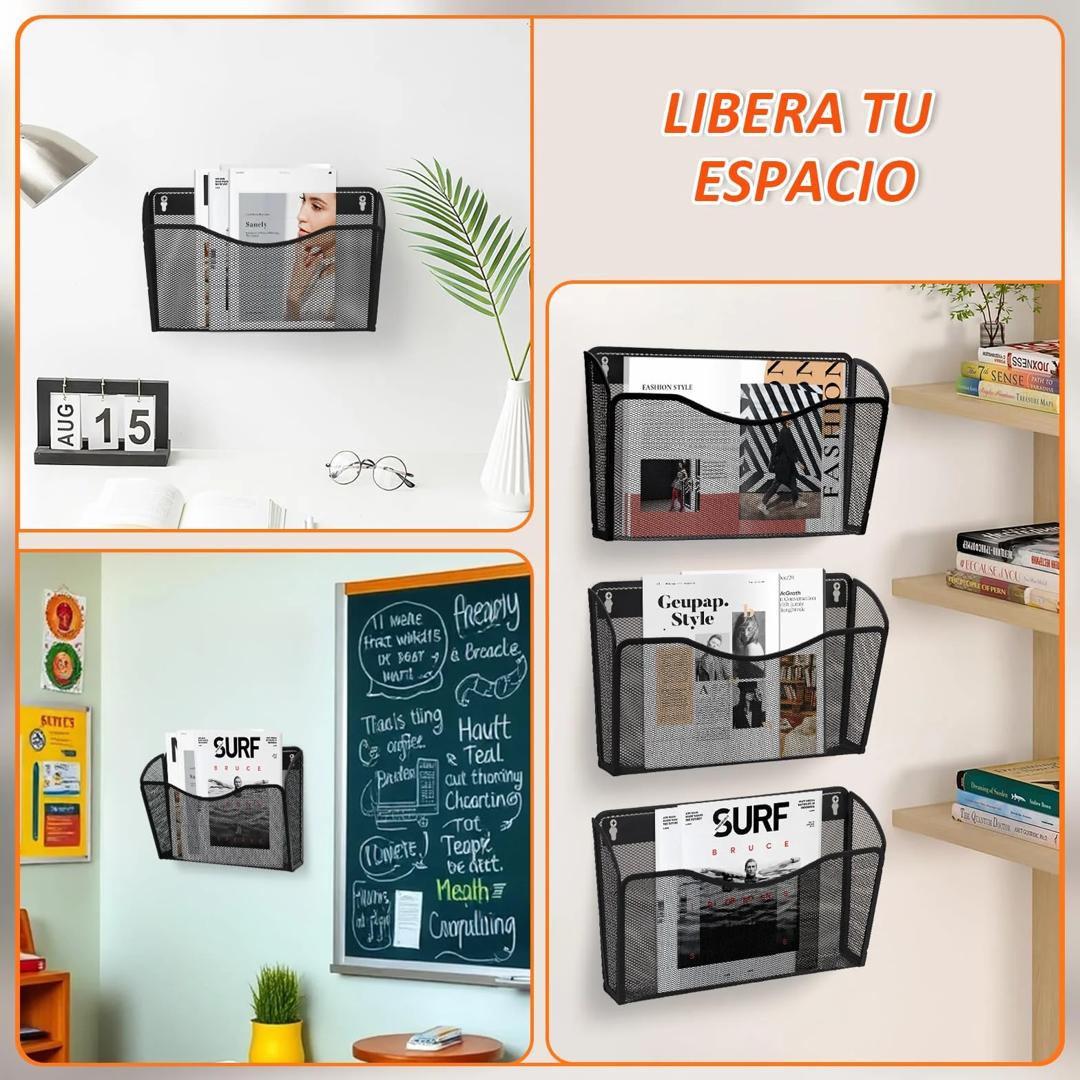 AGPTEK Archivador Montable en Pared Paquete de 3, Archivador Organizador Malla Metálica Negro