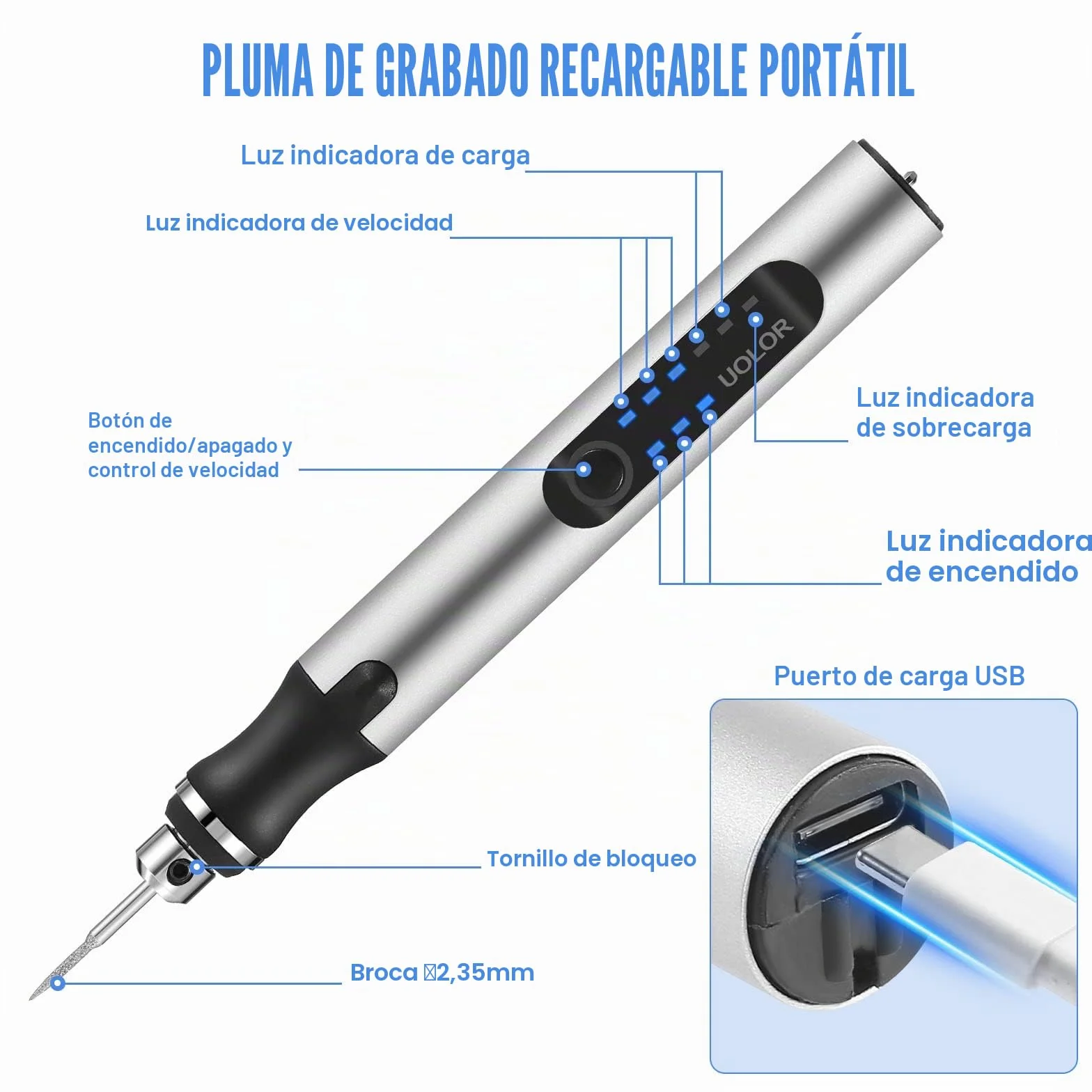Uolor Kit de herramientas de grabado inalámbrico USB recargables, mini grabador eléctrico, herramienta de grabado portátil, herramienta multifunción para joyas, cristal, madera, plástico, metal