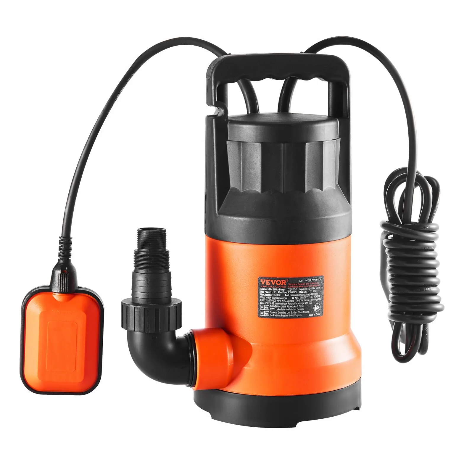 VEVOR Bomba Sumergible 400W 9500L/H 7,9m Alto Flujo Sumidero