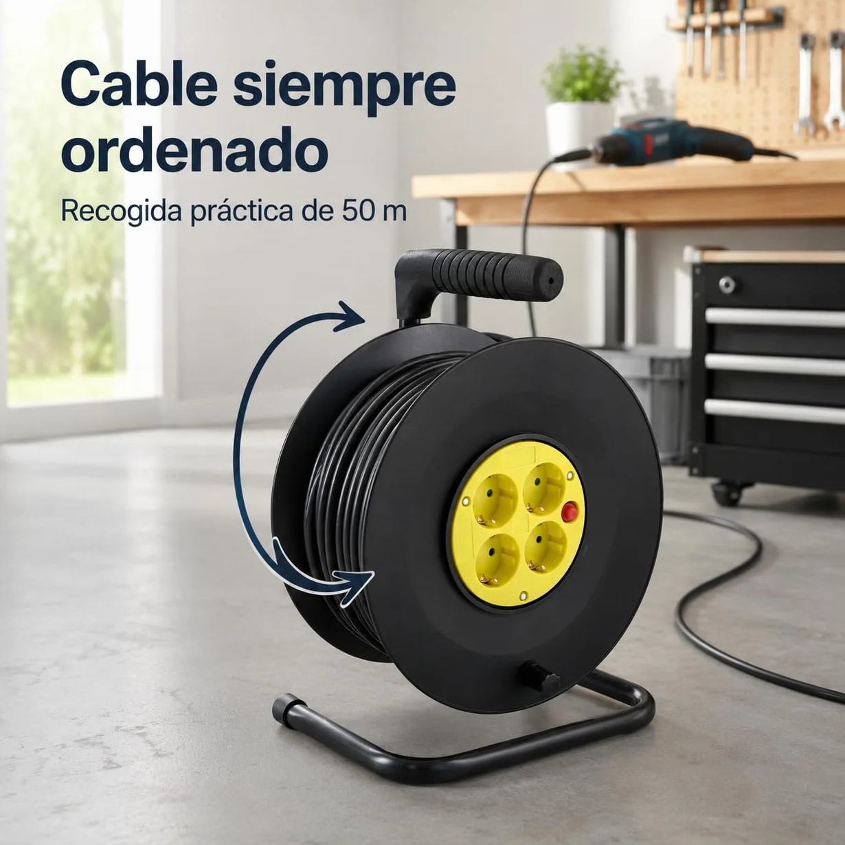 M mimotec - Enrollacables Exterior 50 Metros 4 Tomas 3200W 16A | Cable H05VV-F 3x1,5 mm² | Carrete Eléctrico con Protección Infantil | Alargador para Jardín, Garaje, Taller y Hogar