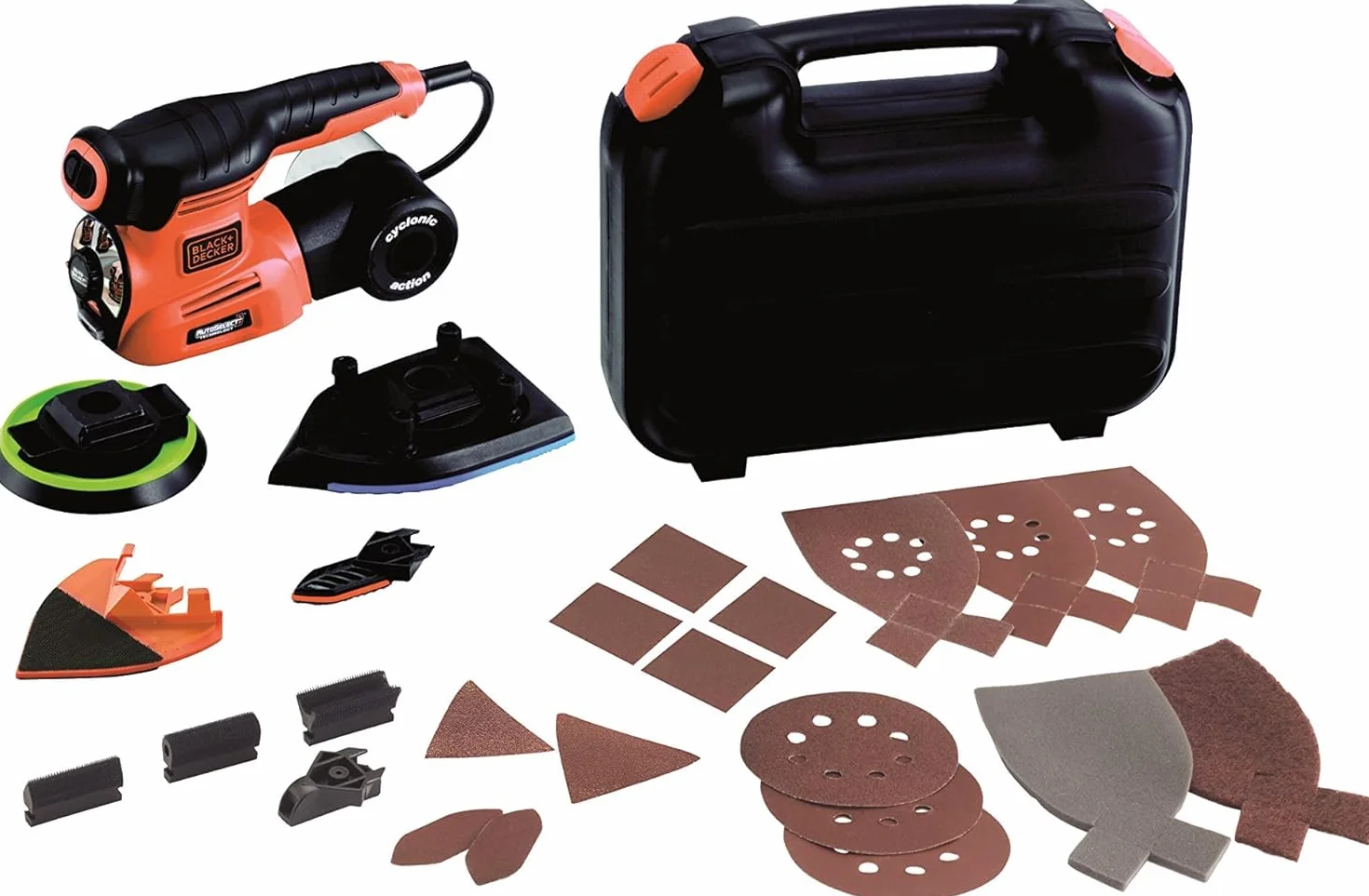 BLACK+DECKER Multilijadora 220W 4-en-1 Autoselect, velocidad 8500-13000 opm, incluye 22 accesorios y maletín, fijación de papel de lija tipo velcro, extracción de polvo ciclónica, KA280LK