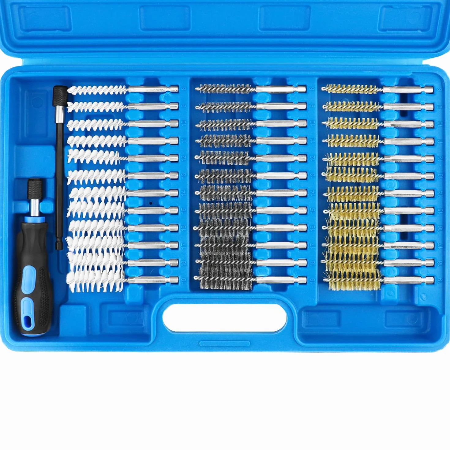 QWORK® 38 uds. Juego de cepillos redondos de nailon/acero inoxidable/latón, cepillos limpiapipas limpia-inyectores Ø8-19 mm con extensión de 150 mm para limpieza y desbarbado