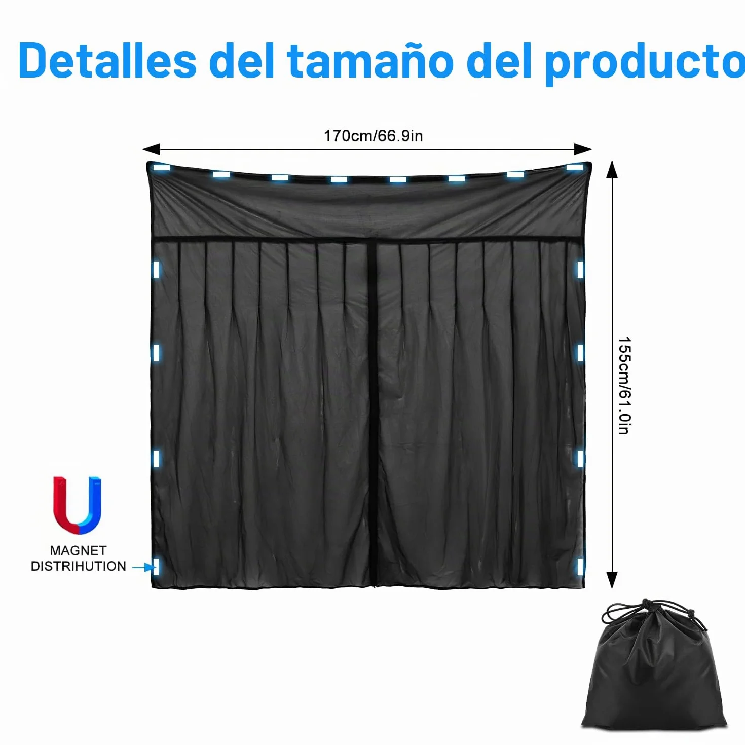 Erato Mosquitera magnética para furgoneta, pantalla anti insectos 155 x 170 cm con 3 cierres de cremallera y 16 imanes para VW T5/T6/T6.1/T7 California, ID Buzz, Trafic, Ducato Camper, Marco Polo y