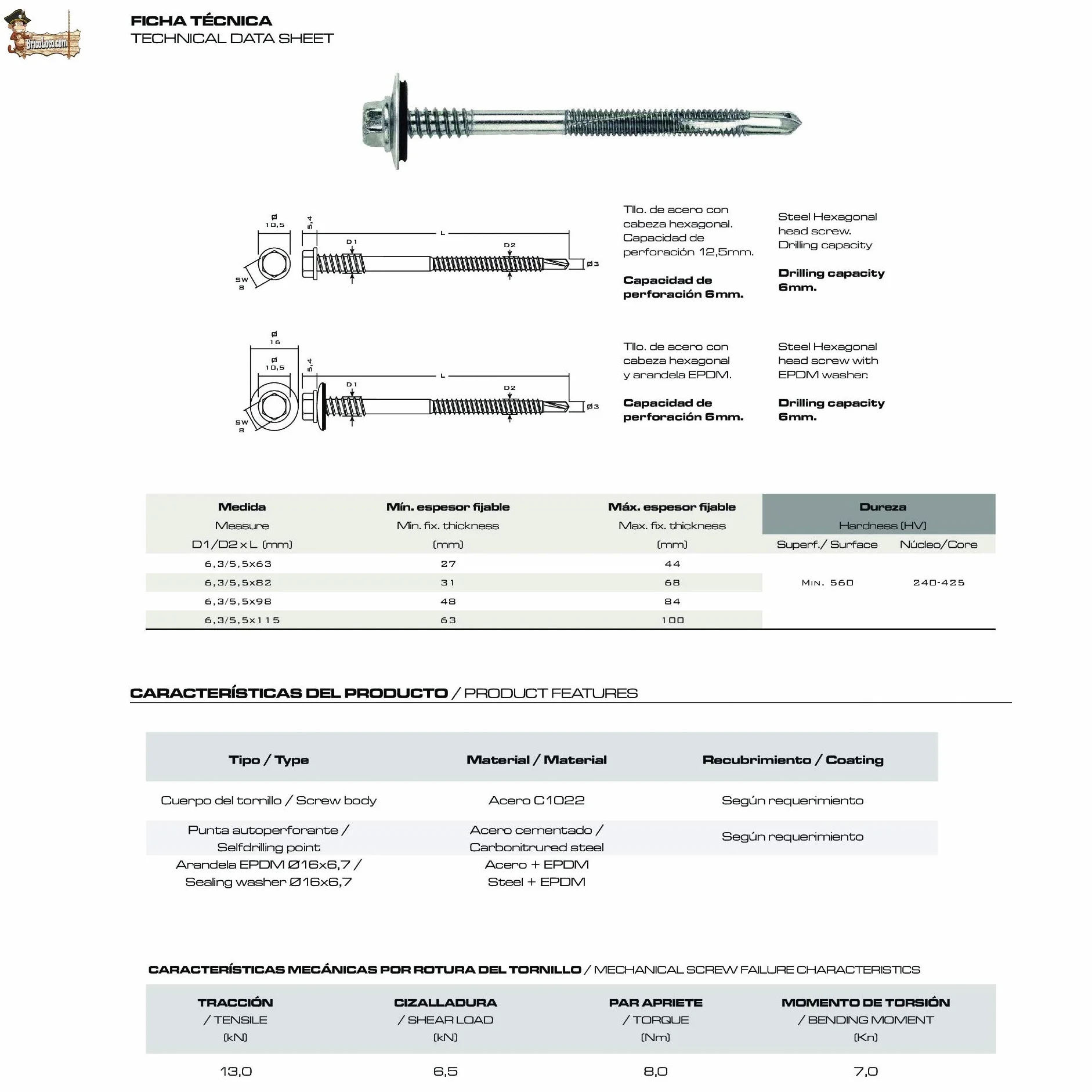 BricoLoco Tornillo fijación panel sándwich a estructuras, soportes o vigas de hierro o metálicas. Autotaladrante. Arandela de goma (5,5/6,3x115-16)