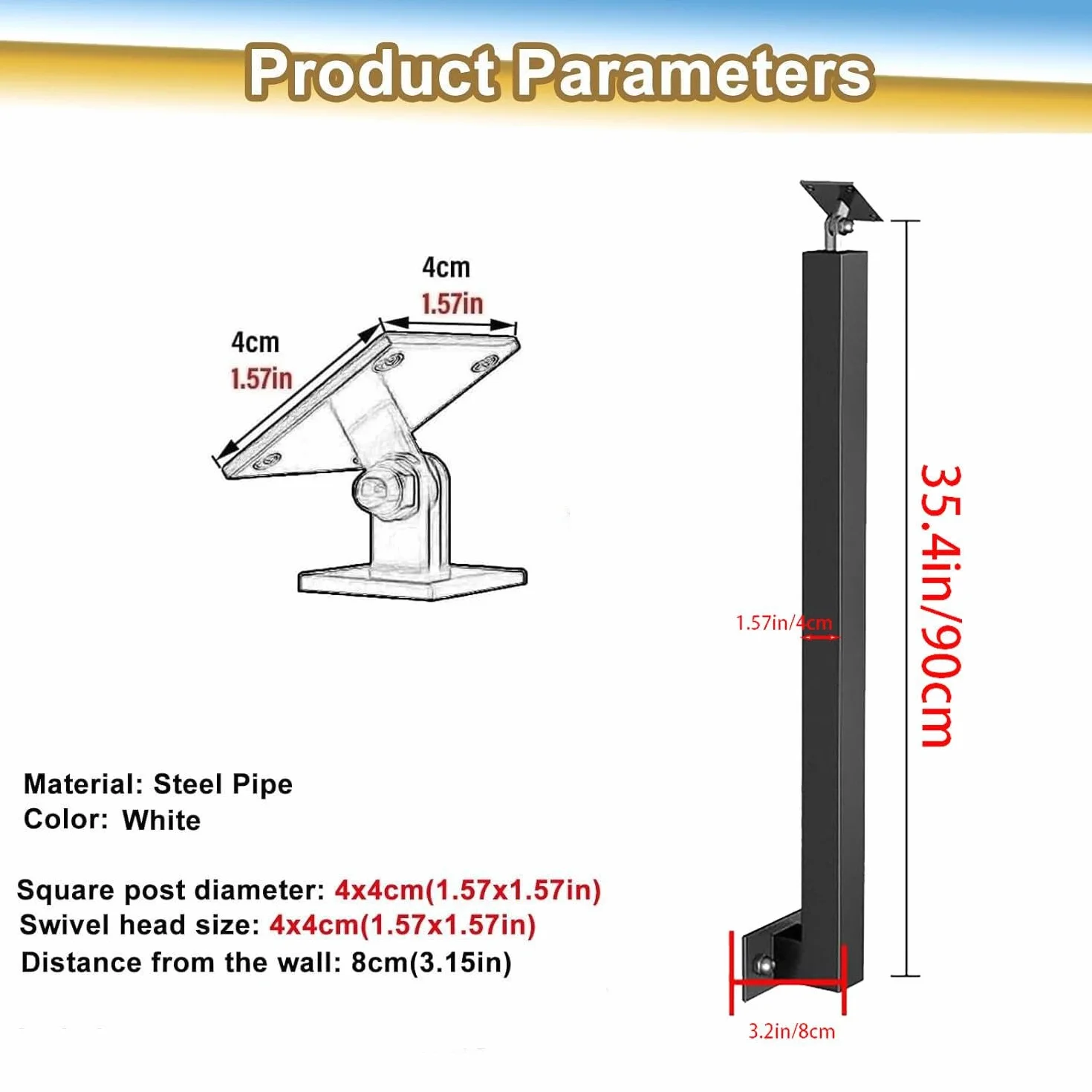 Columnas de barandilla de escaleras en el lado, columnas de barandilla de hierro cuadrado, columnas de eje principal de soporte plano ajustable de 270 °, columnas de barandilla,White-1pcs-90cm/35.4in