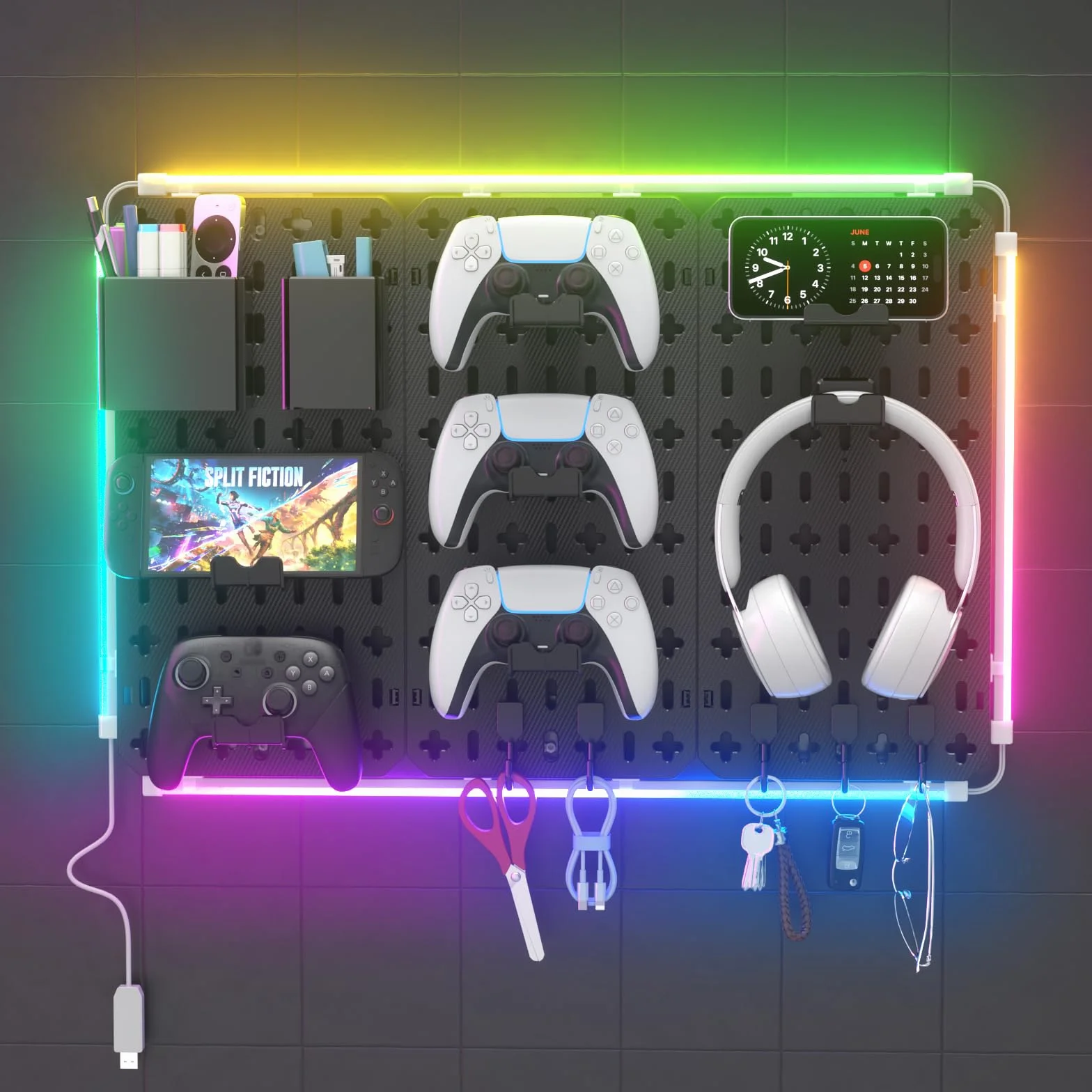 KDD 7 en 1 Panel Perforado Organizador Pared, 40x20cm 3 Paneles de Pegboard Gaming con Barra de Luz LED, Tablero Perforado de Kit Combinado con 14 Piezas para Colgar Herramientas para Juegos Oficina