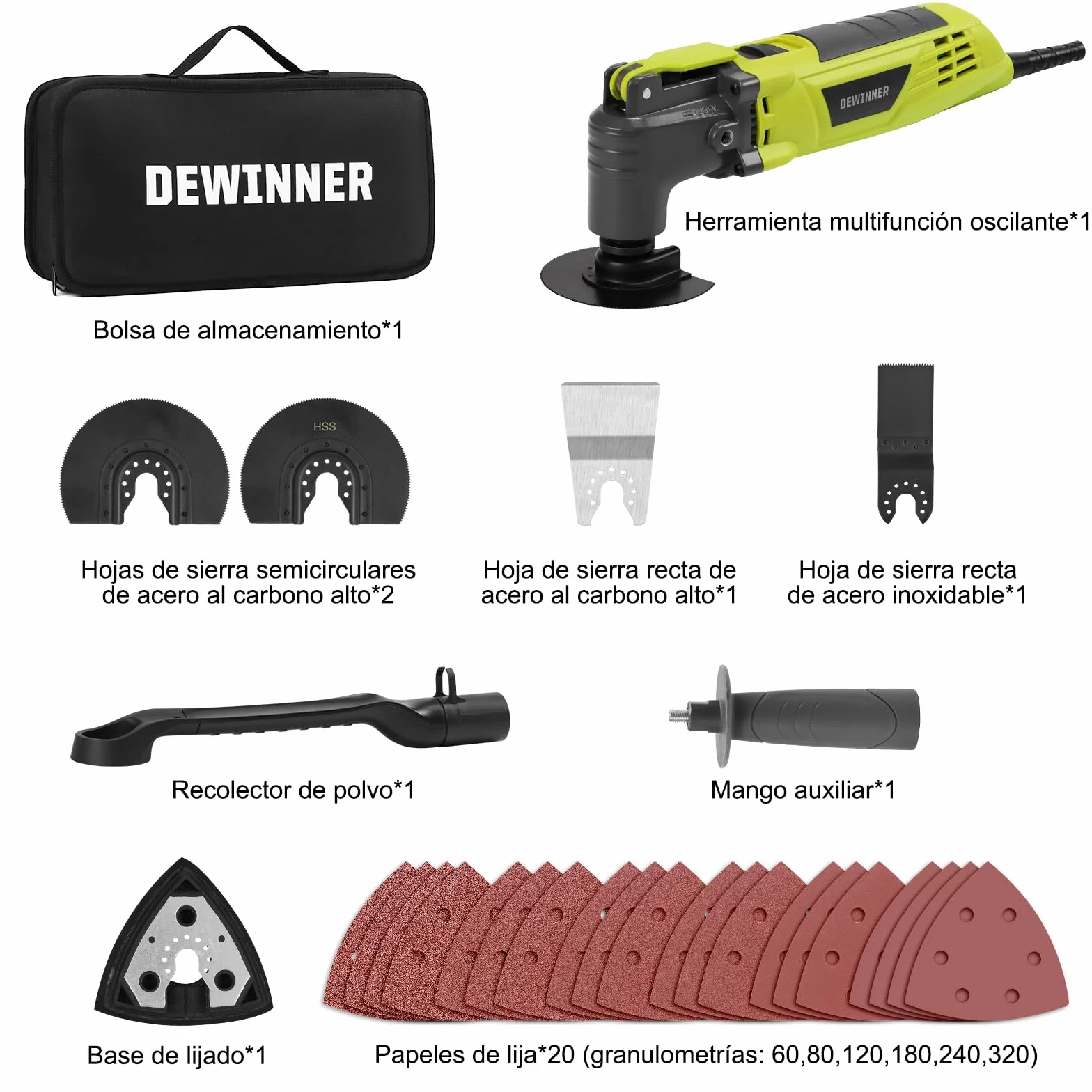 DEWINNER 300W Multiherramienta Oscilante con ángulo de oscilación de 3°, Herramientas Oscilantes con 6 Velocidades, 15000-22000RPM, 28 Accesorios, Herramienta Multifunción para Cortar, Lijar, Raspar