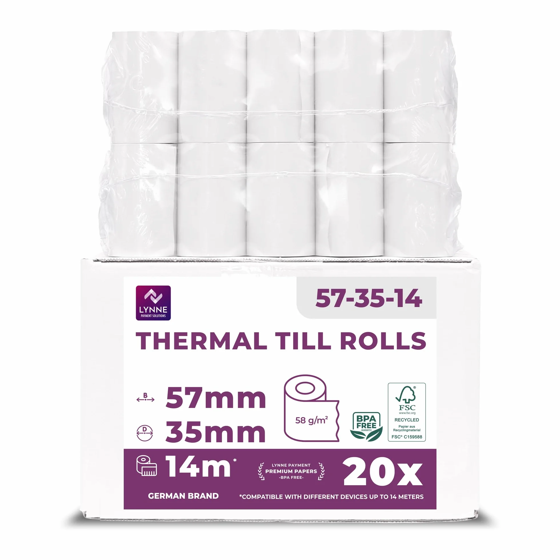 LYNNE - Rollos Papel Datafono Térmico 57x35x12mm para todos los TPV y las impresora térmica - Rollo papel térmico 57mm x 35mm x 14m - Ideal para máquinas de tarjetas de Crédito - Papel TPV [20x]