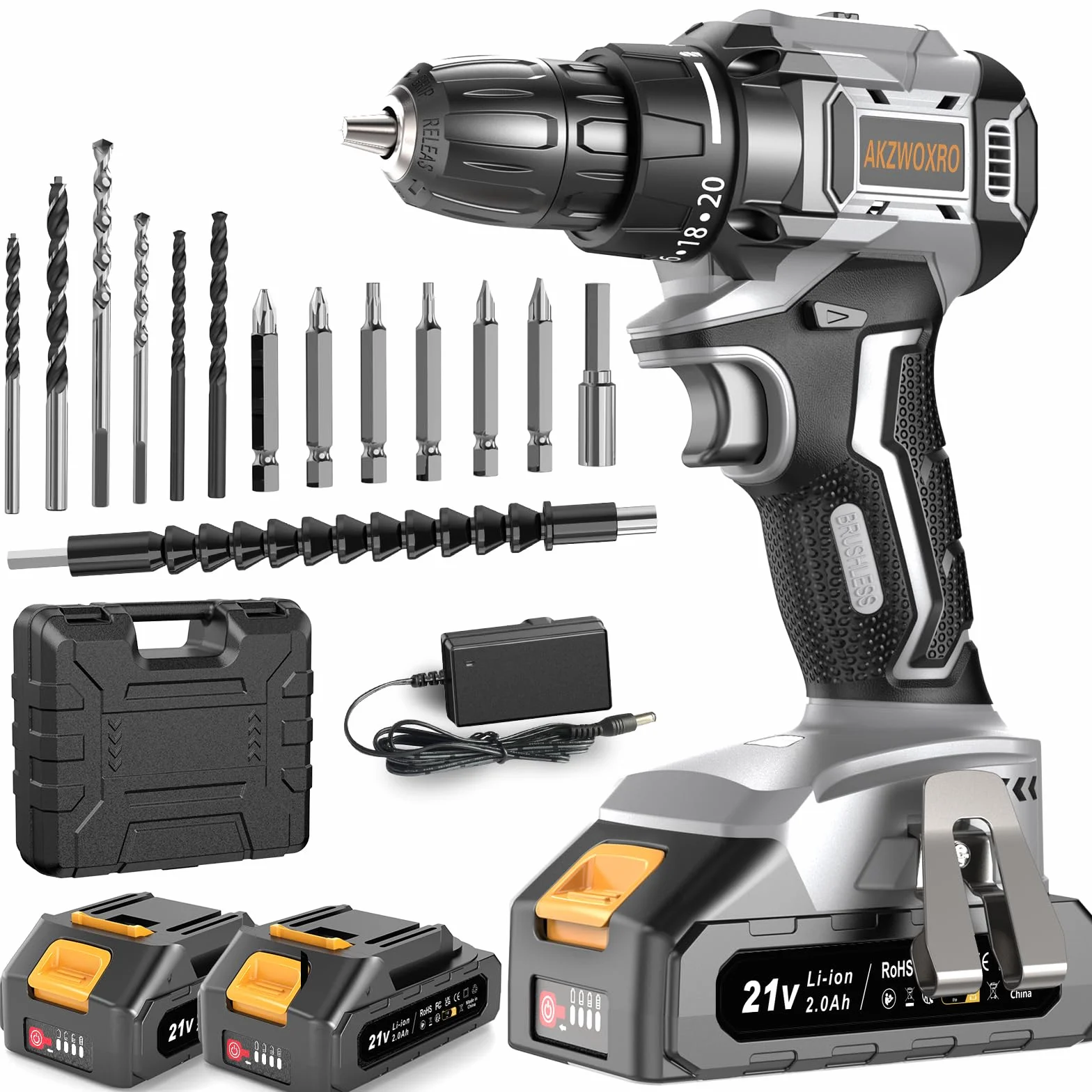 Taladro Percutor a Bateria 21V, Sin Escobillas Taladro Atornillador Bateria con 2x2.0Ah Baterías, Atornillador Electrico 45N.m, 20+1 Ajuste de Par, 14 Accesorios, 2 Velocidad, Gris (Gris)